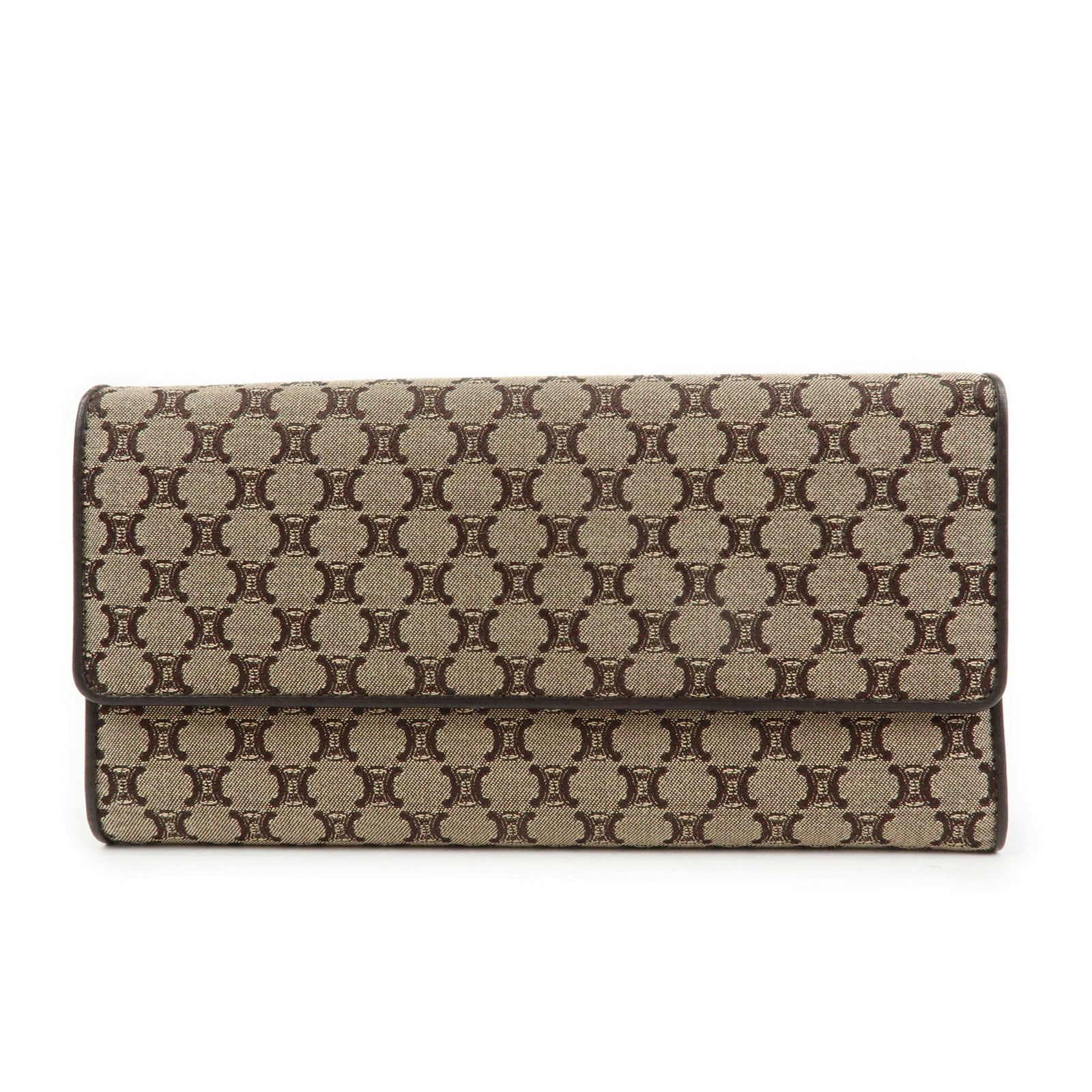 CELINE Macadam Canvas Leather Flap Long Wallet Beige Brown