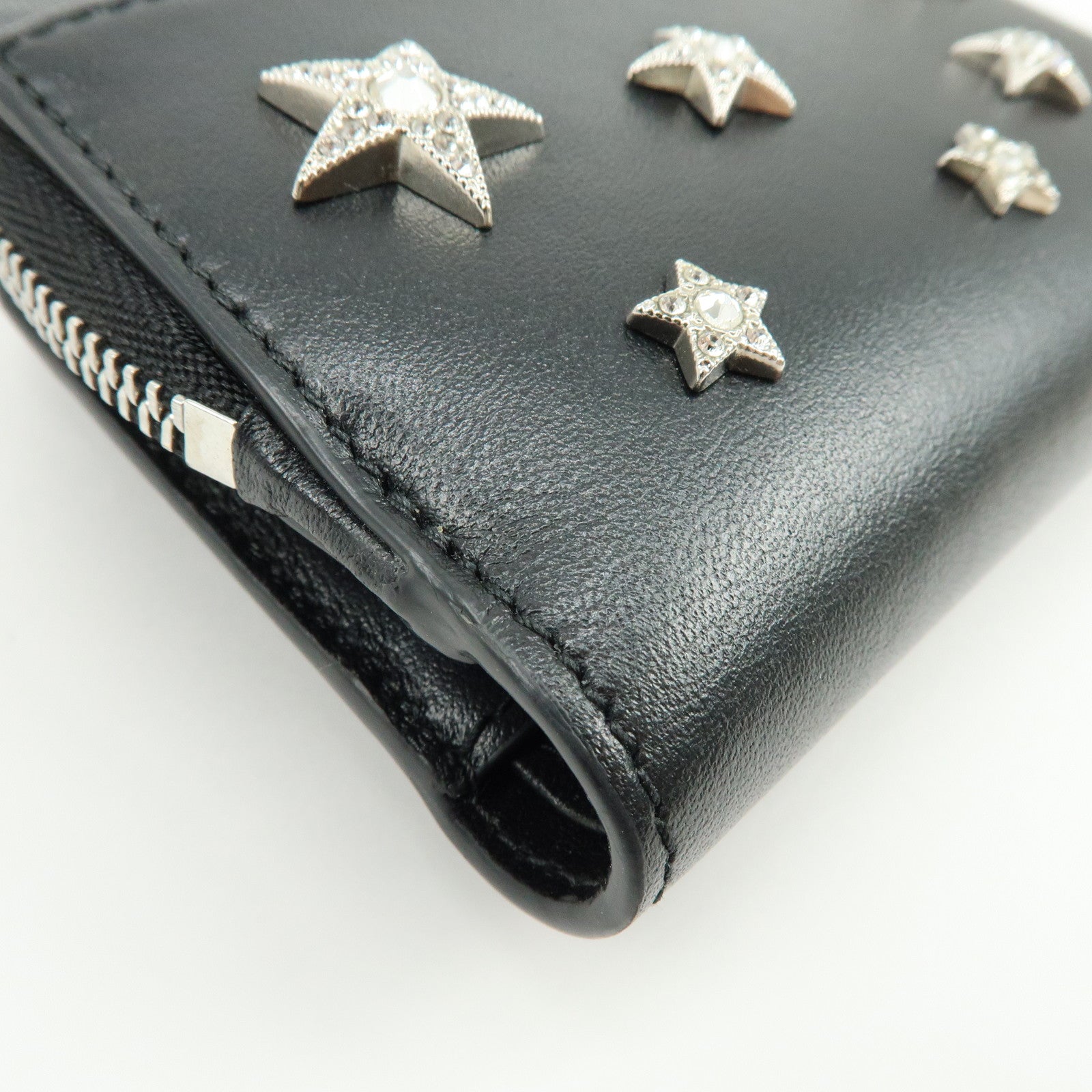 JIMMY CHOO Leather Compact  Zippy Wallet Star Studs Black