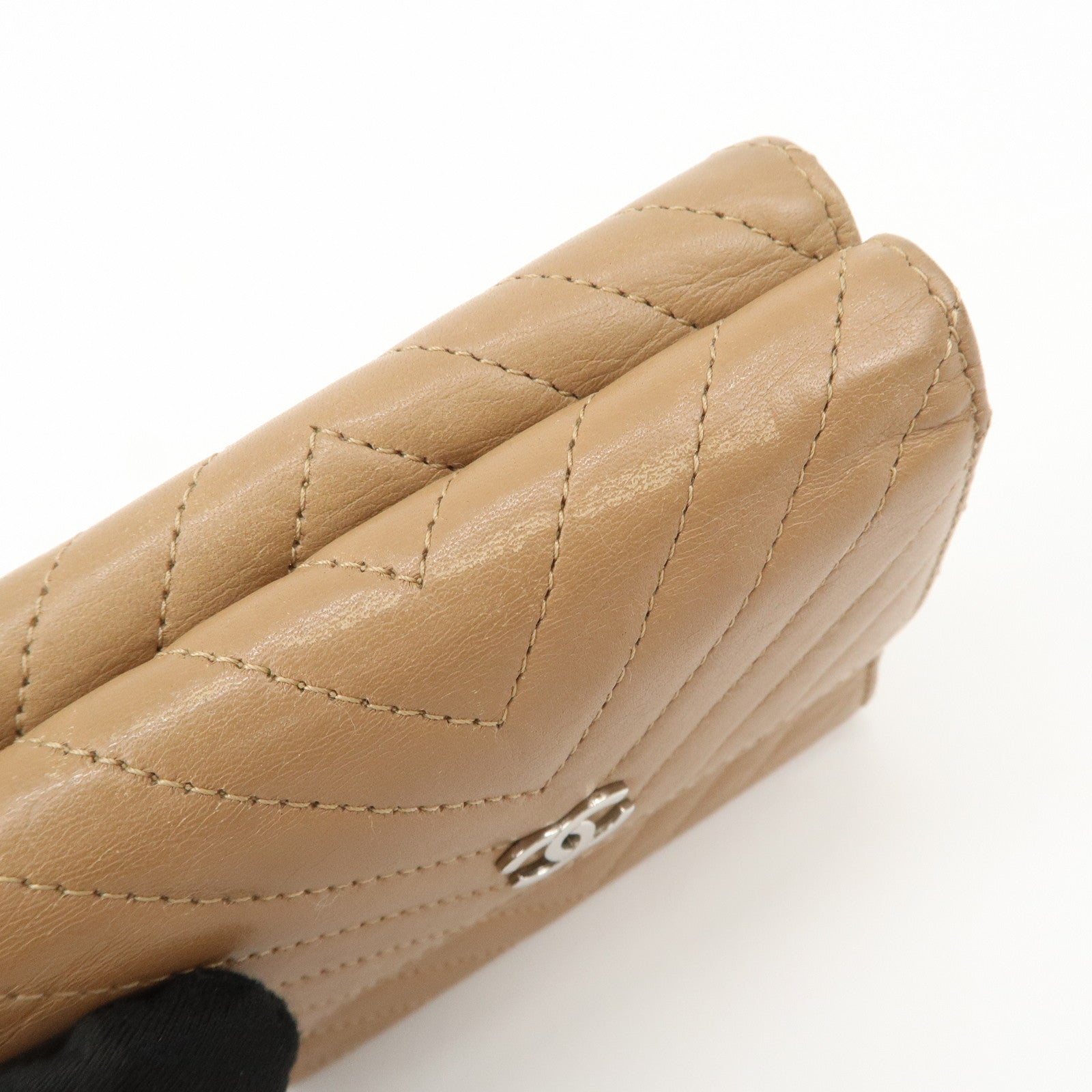 CHANEL Matelasse V Stitch Leather Tri-Fold Wallet Brown A34281