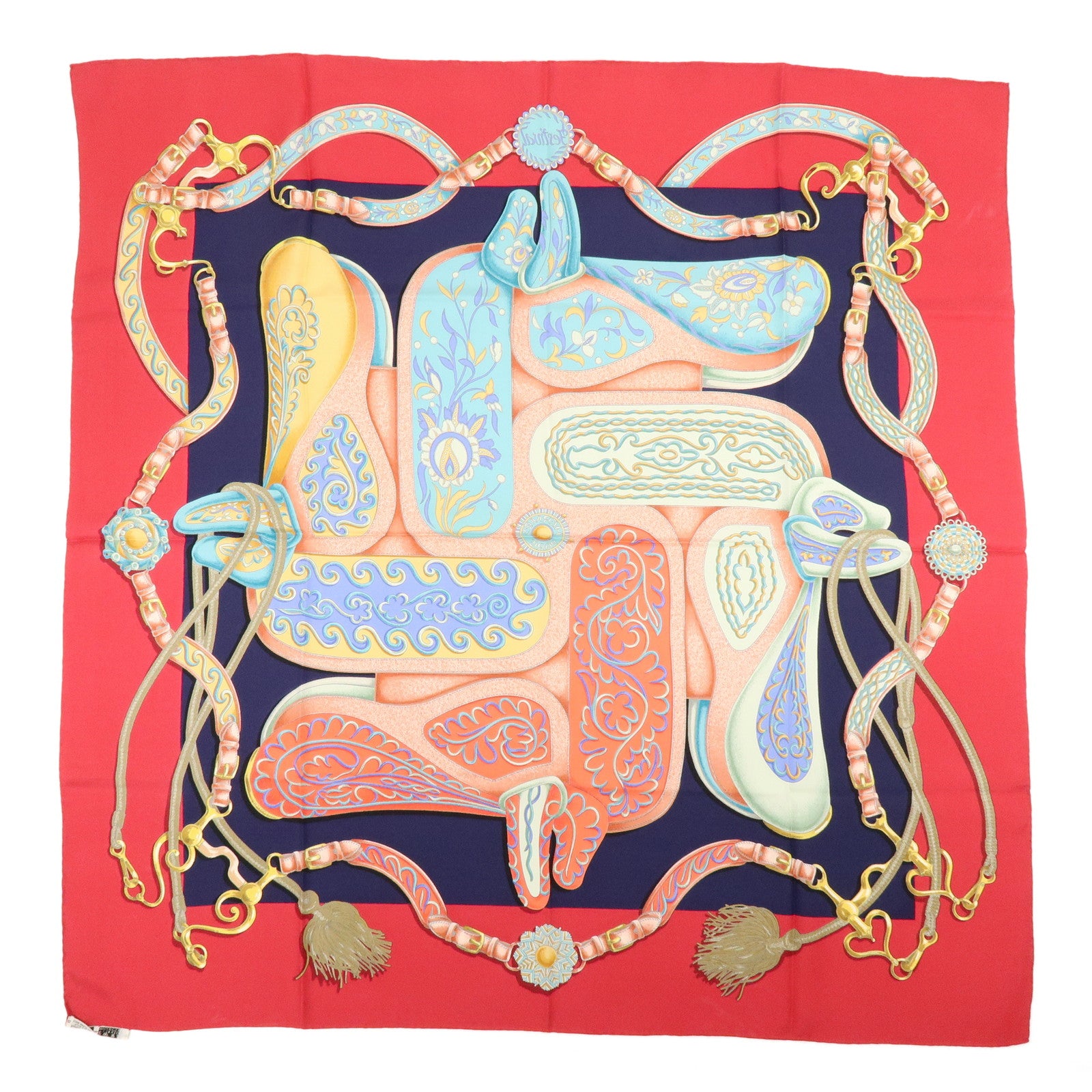 HERMES Carre 90 Silk 100% Scarf Festival Red Pink Blue
