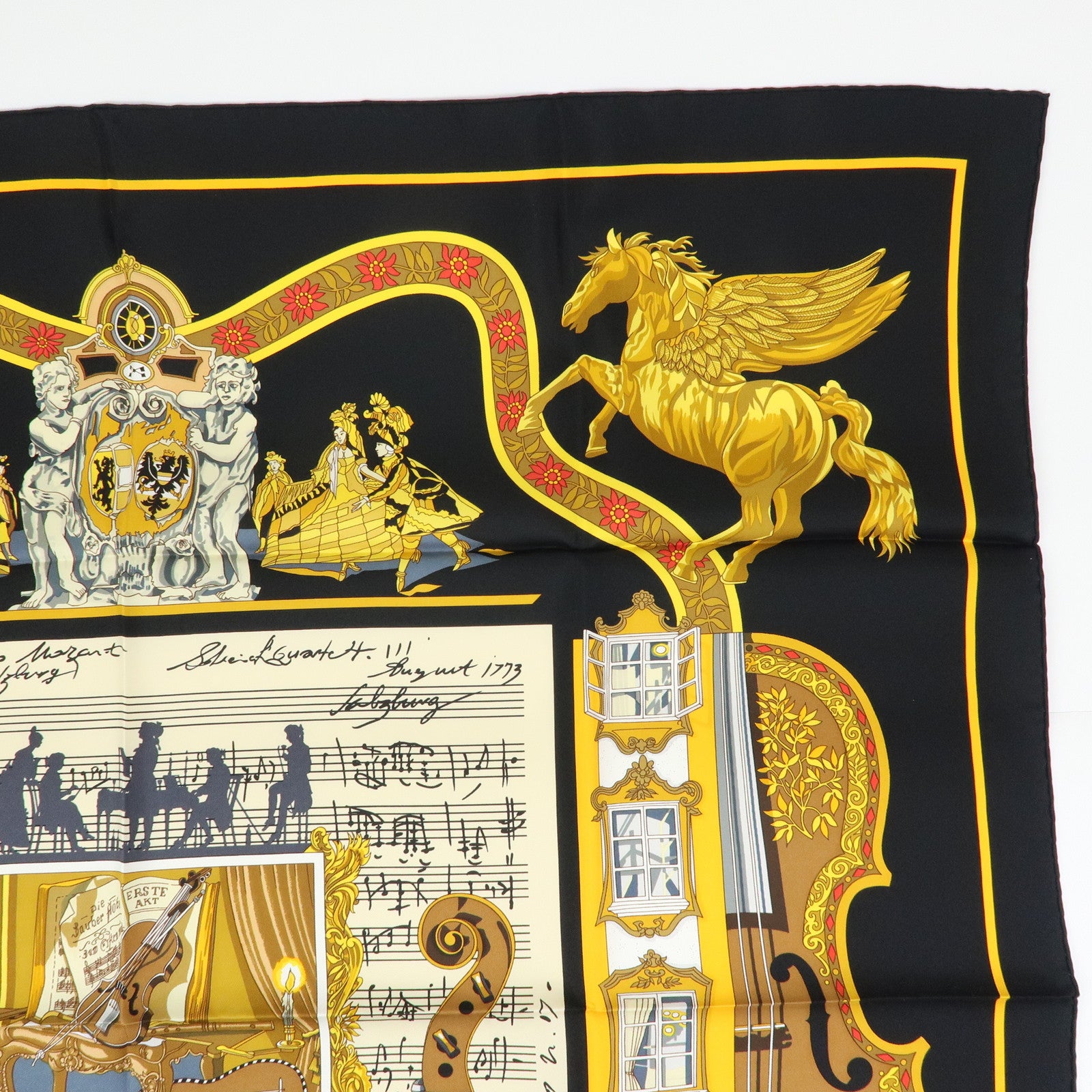 HERMES Carre 90 Silk 100% Scarf IN SALZBURG Black Gold