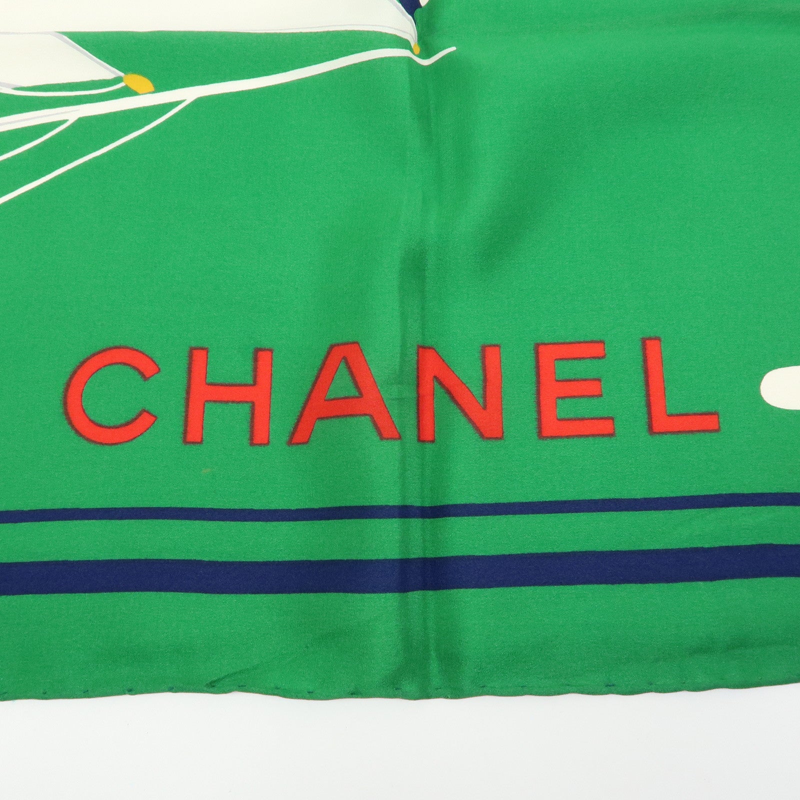 CHANEL COCO Mark Silk100% Scarf Green Navy White Red