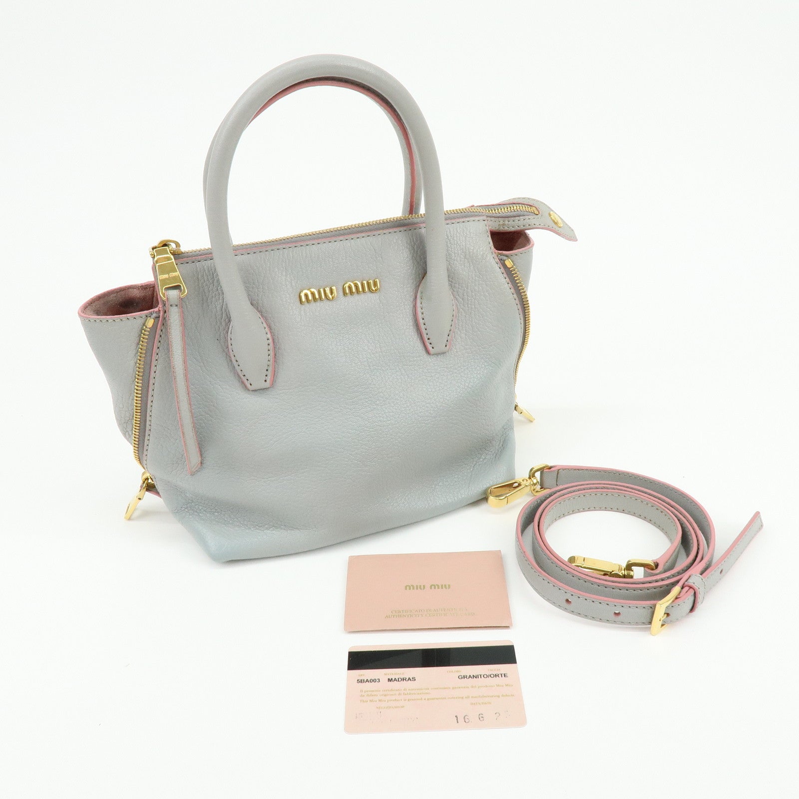 MIU MIU Madras Leather 2Way Bag Hand Bag Gray Pink 5BA003