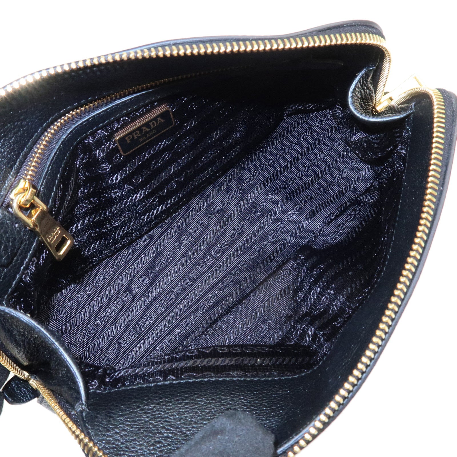 PRADA Logo Vitello Daino Leather Cosmetic Pouch Black 1NA024