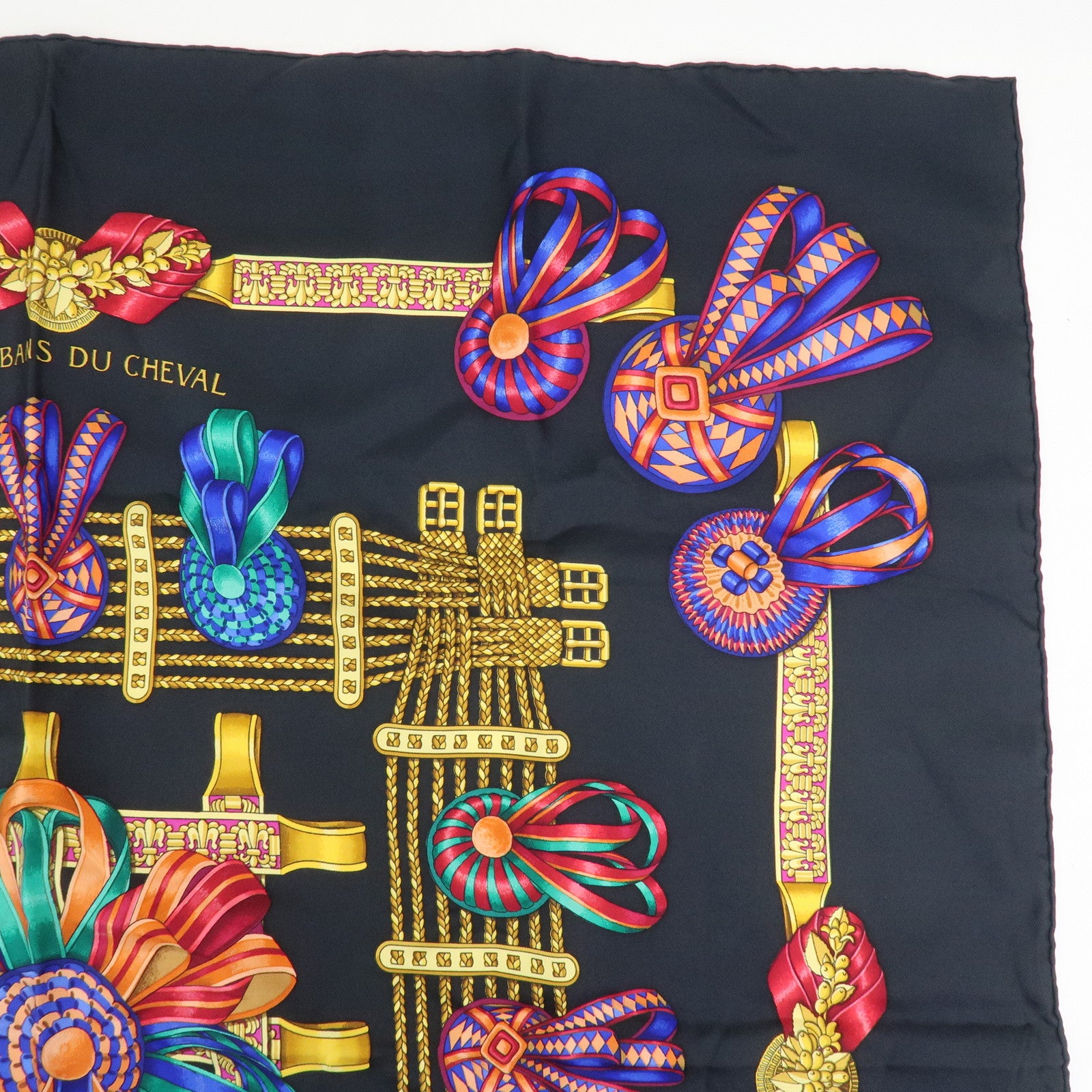 Hermes Carre 90 Silk 100% Scarf LES RUBANS DU CHEVAL Black