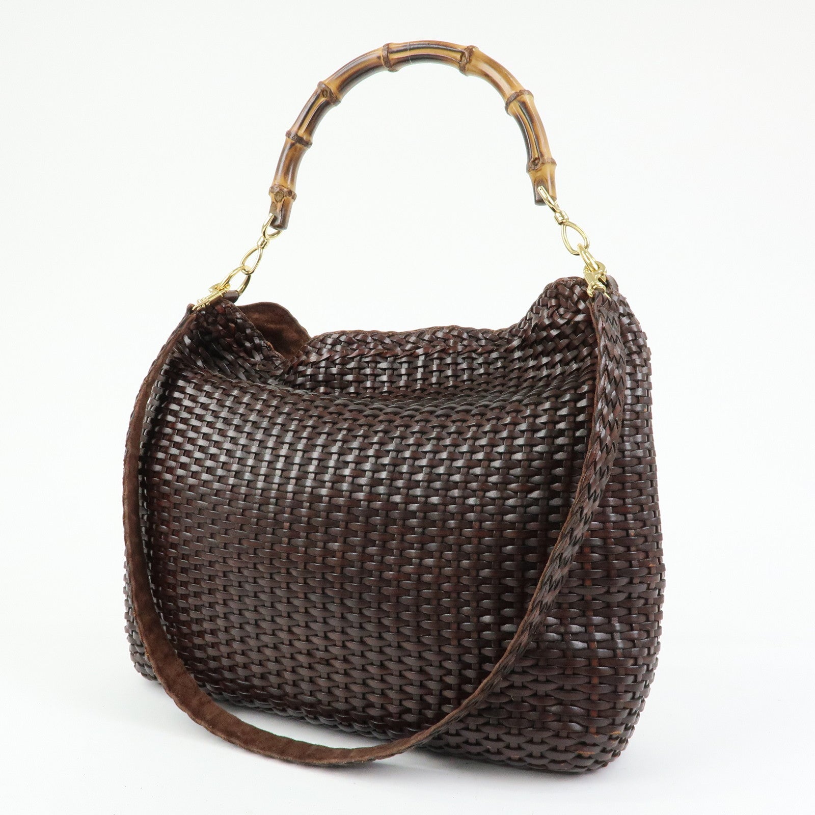 GUCCI Bamboo Leather 2Way Bag Hand Bag Shoulder Bag Brown 001.2404