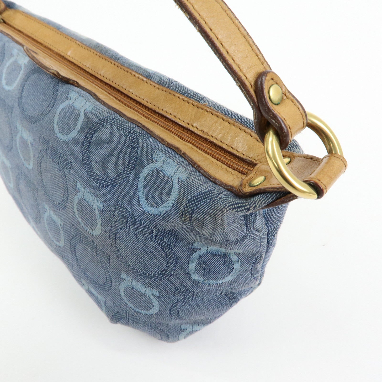 Ferragamo Gancini Canvas Leather Hand Bag Blue Light brown