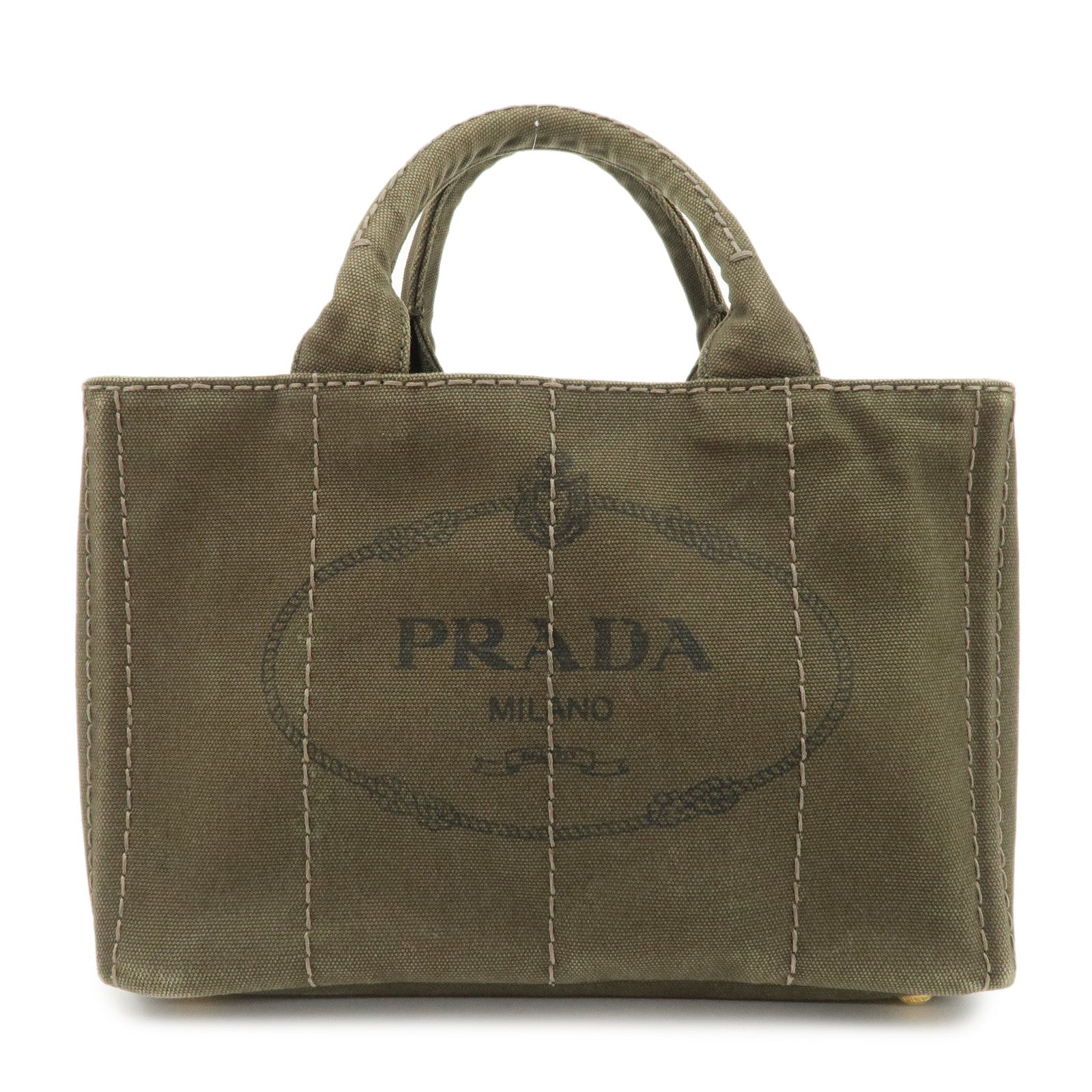 PRADA Canapa Mini Canvas Bag Hand Bag Tote Bag Khaki BN2439 Used
