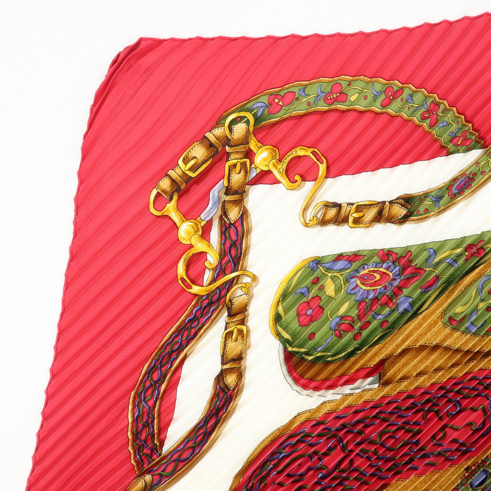 HERMES Pleated Carre 90 Silk 100% Scarf Festival Red