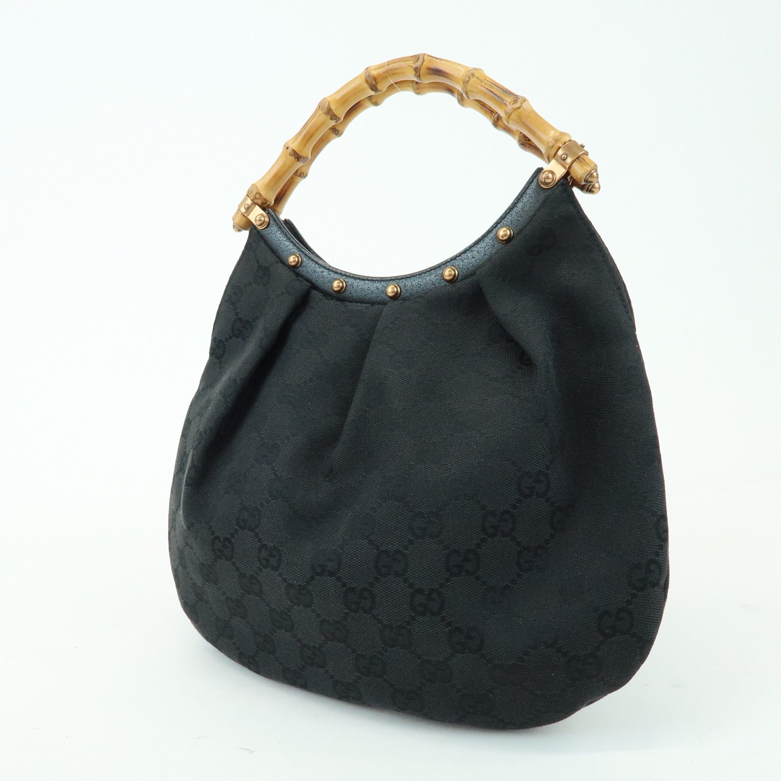 GUCCI Bamboo GG Canvas Leather Hand Bag Shoulder Bag Black 124297