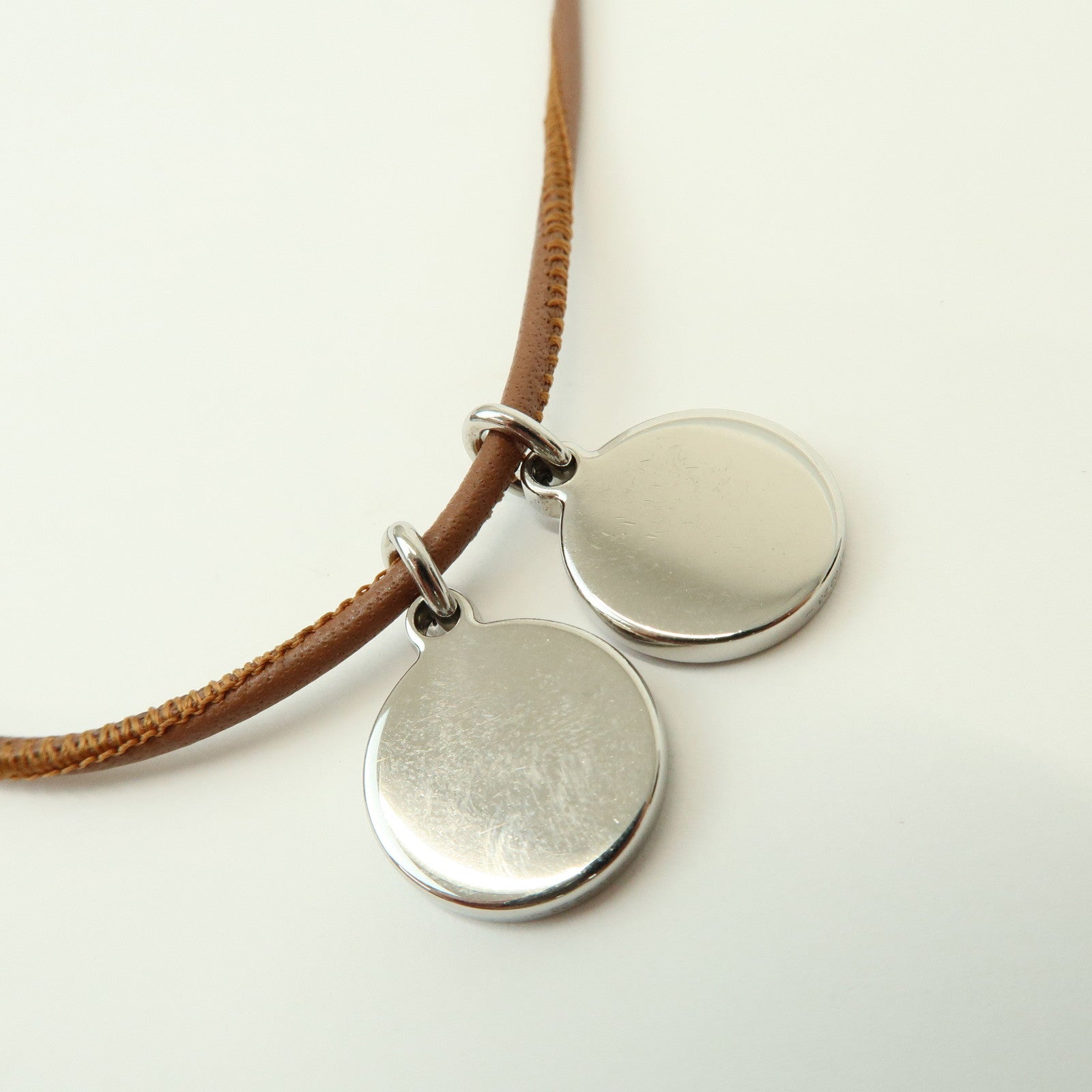 HERMES Logo Leather Metal Necklace Brown Pink Light Blue
