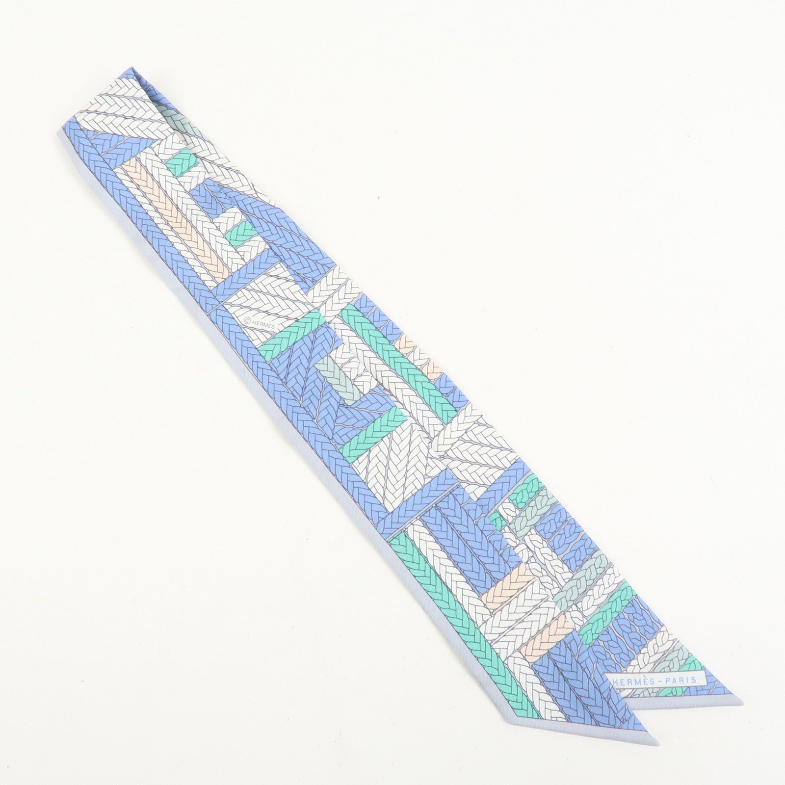 HERMES Twilly Silk 100% Scarf TRESSES H Blue White