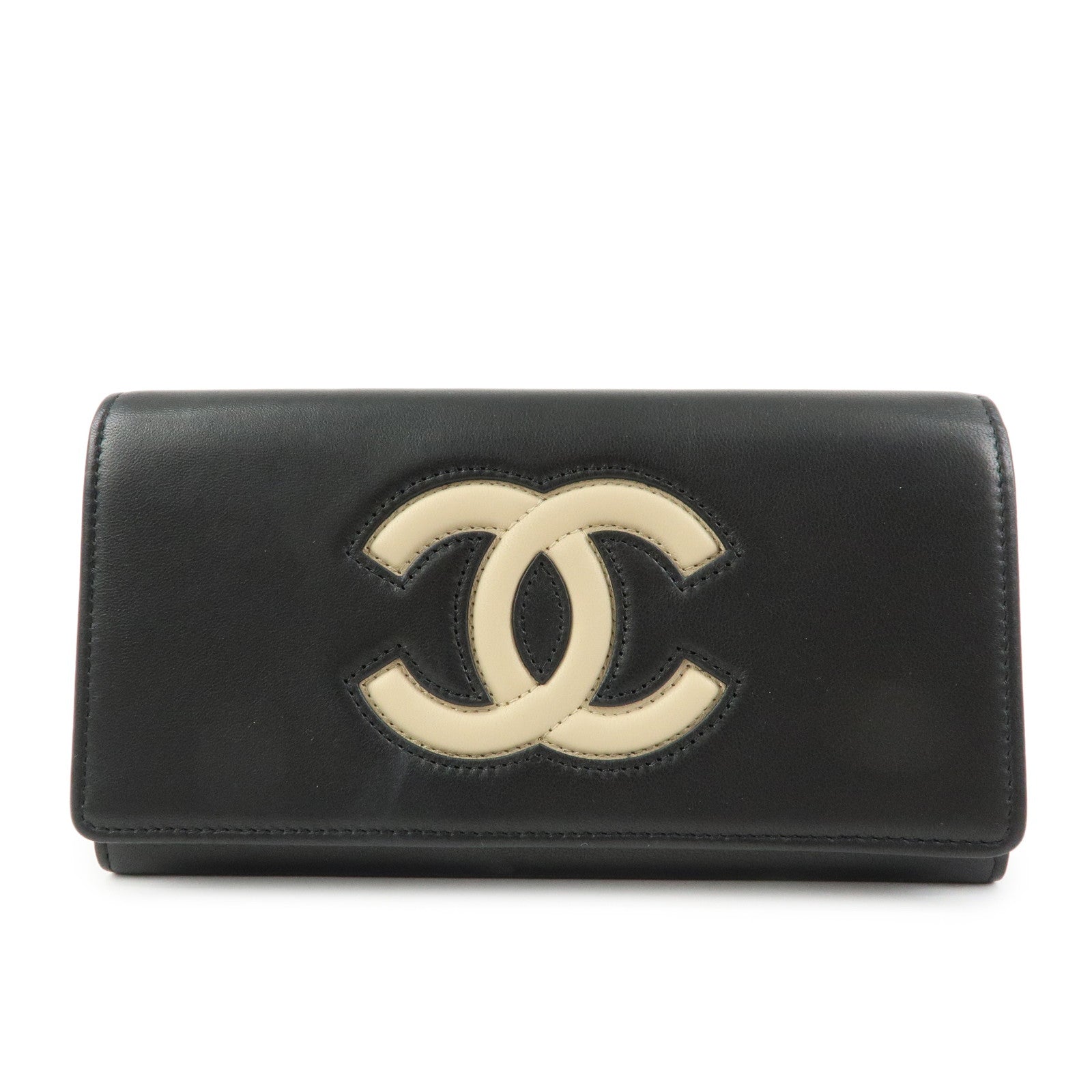 CHANEL Airline COCO Mark Lamb Skin Long Wallet Black A80896