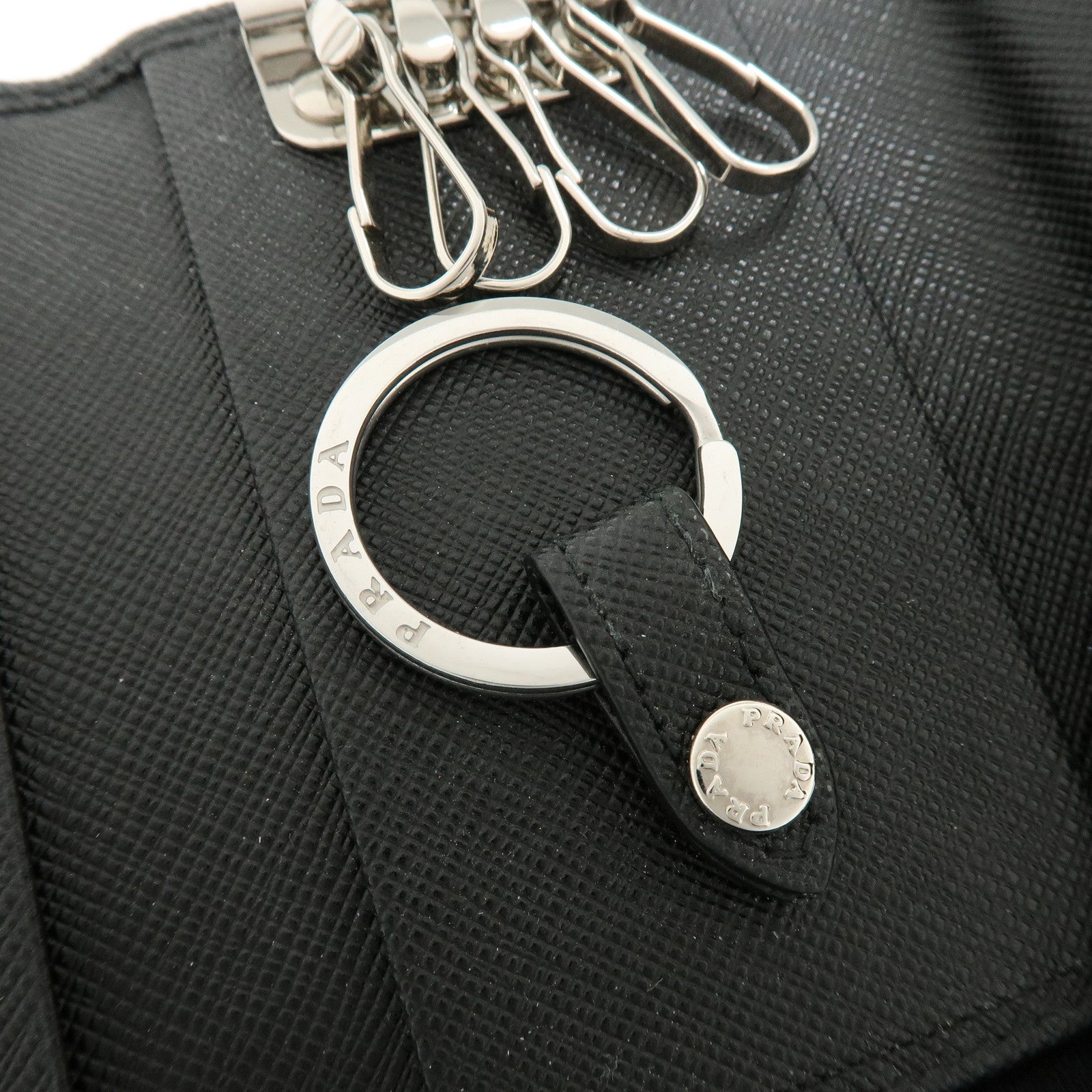 PRADA Triangle Logo Saffiano Leather Key Case Key Ring Black 1PG004