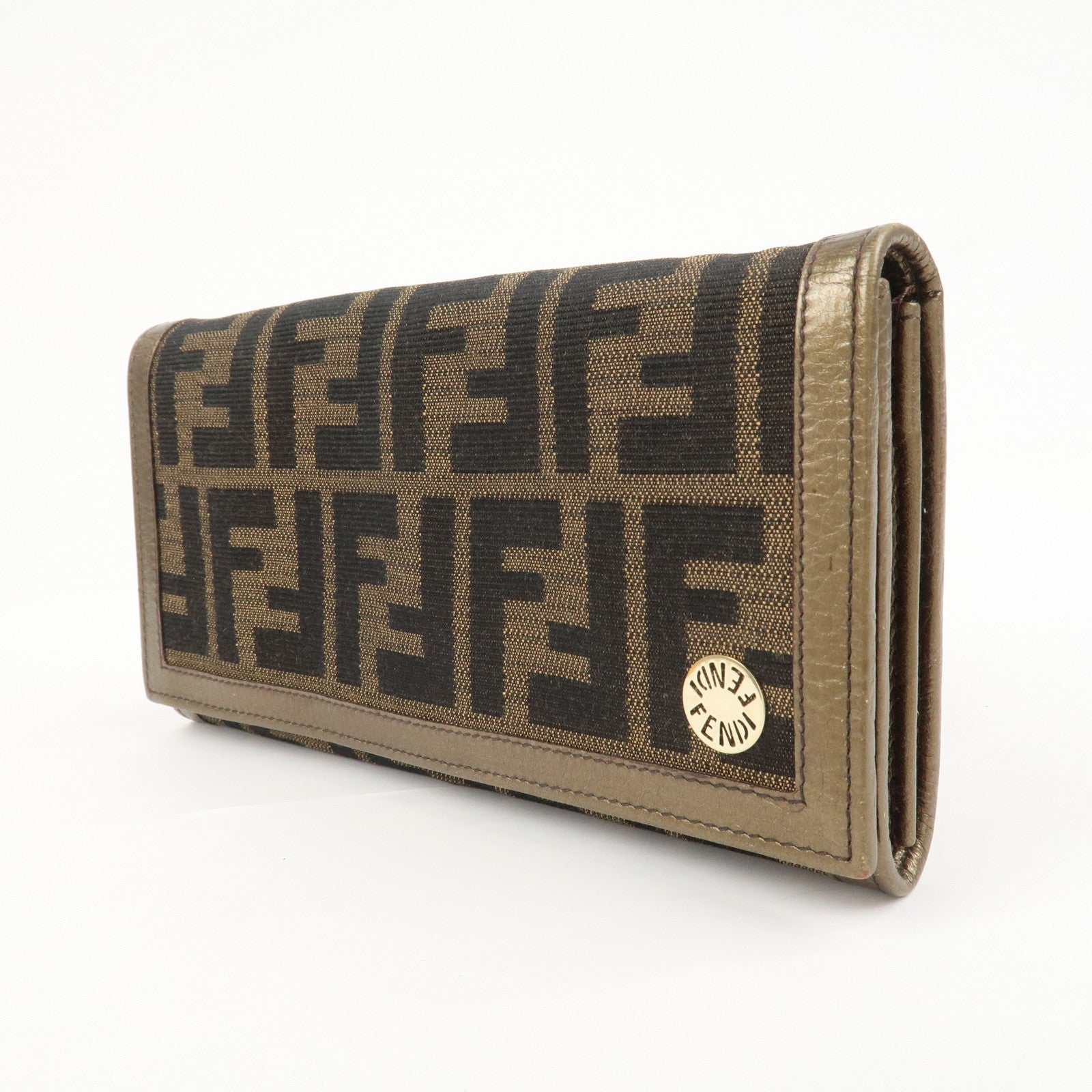 FENDI Zucca Canvas Leather Bi-fold Long Wallet Brown Gold 8M0000