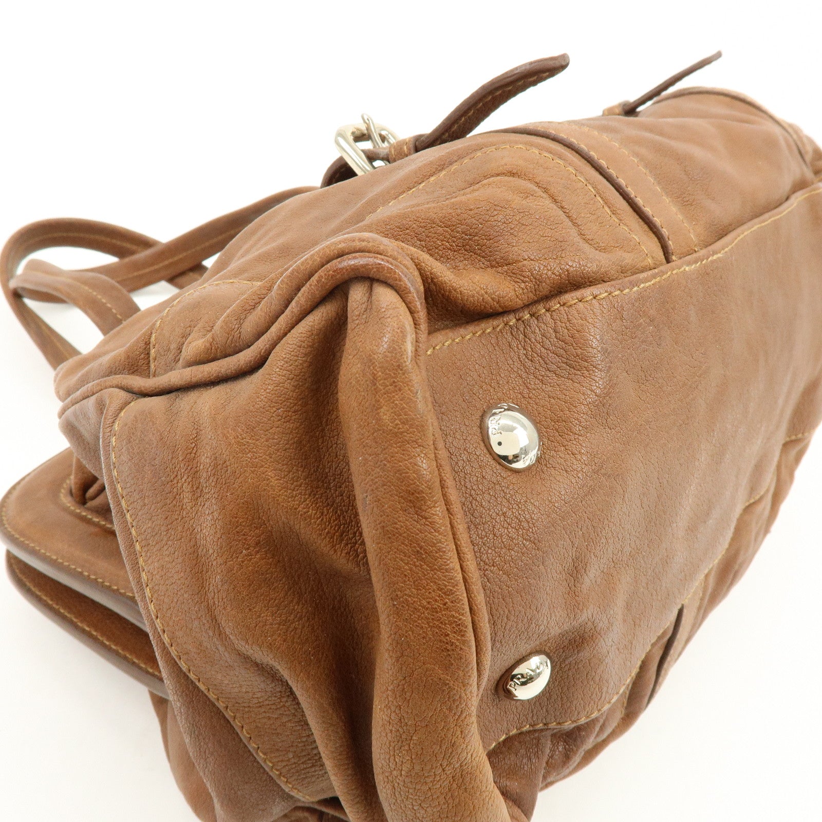 PRADA Triangle Logo Leather Boston Bag Hand Bag Doctor Bag Brown