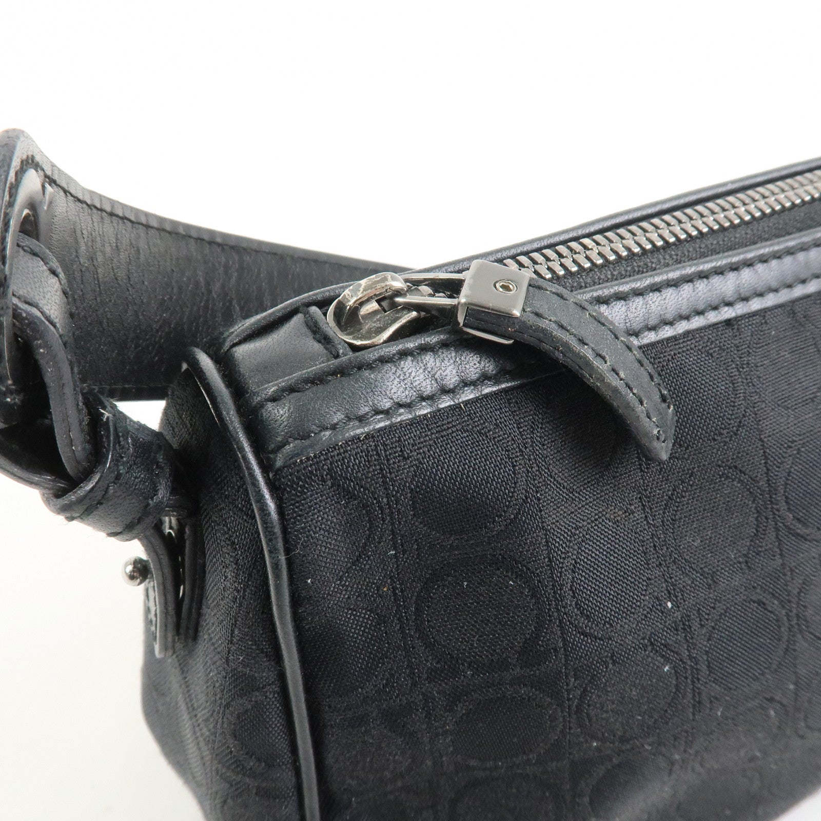 Ferragamo Gancini Canvas Leather Shoulder Bag Hand Bag Black