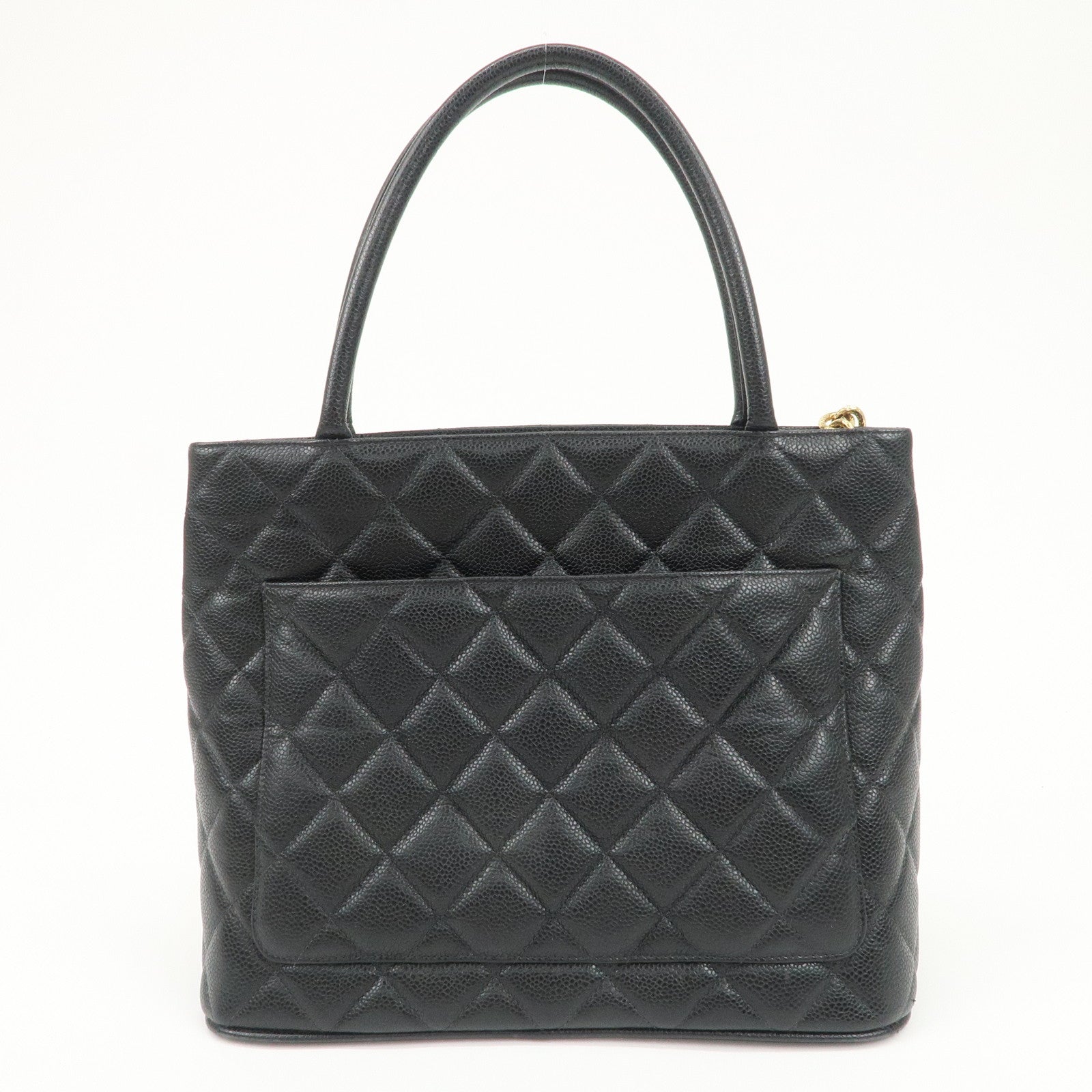 CHANEL Matelasse Caviarskin Medalion Tote Bag Hand Bag Black A01804 Used