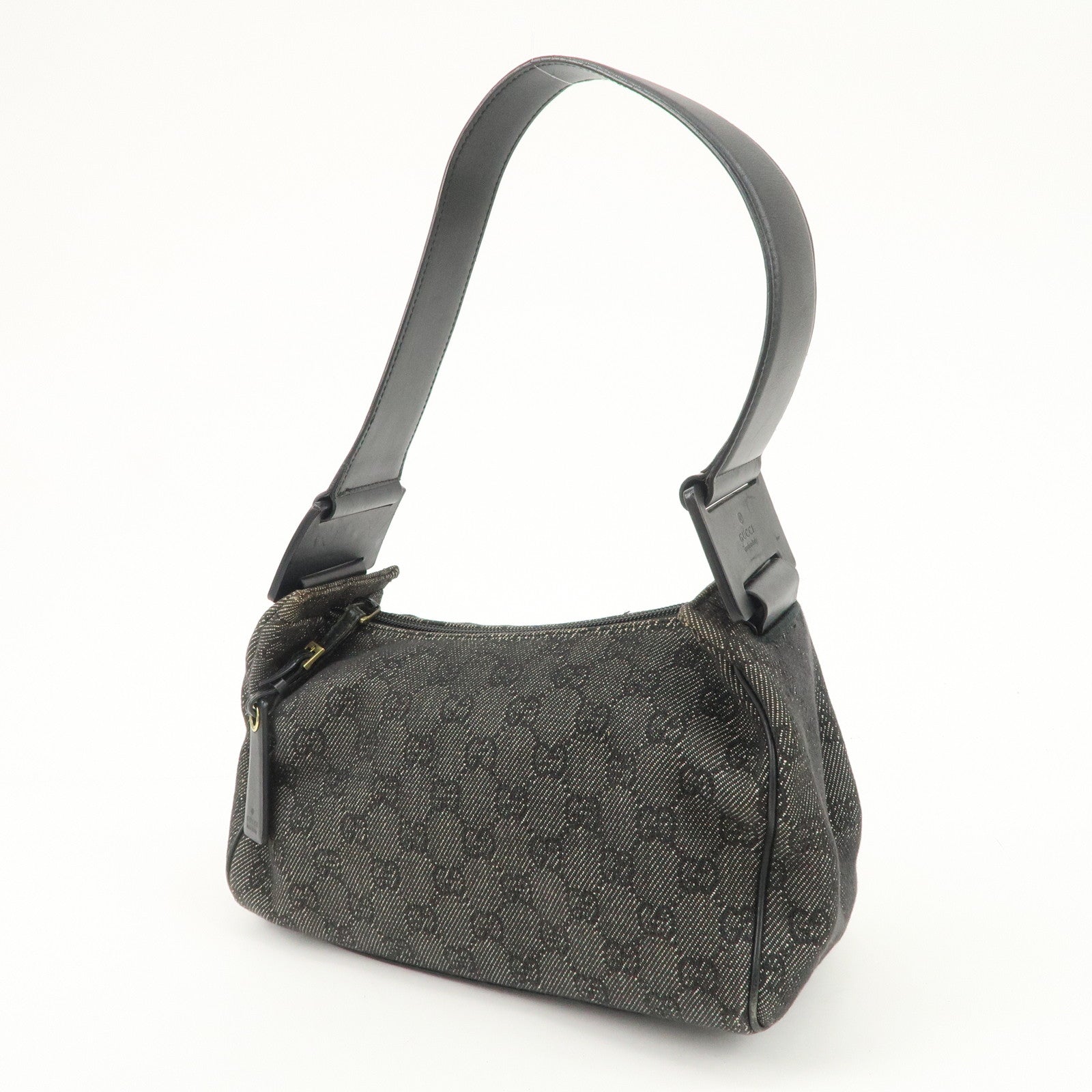 GUCCI GG Canvas Leather Shoulder Bag Hand Bag Black 92699 Used