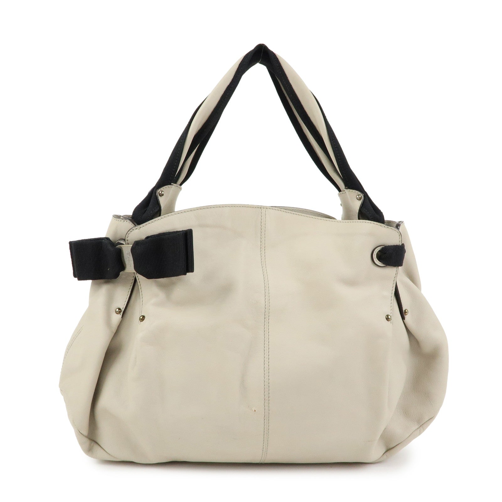 Ferragamo Vara Ribbon Leather Tote Bag Shoulder Bag Beige Black