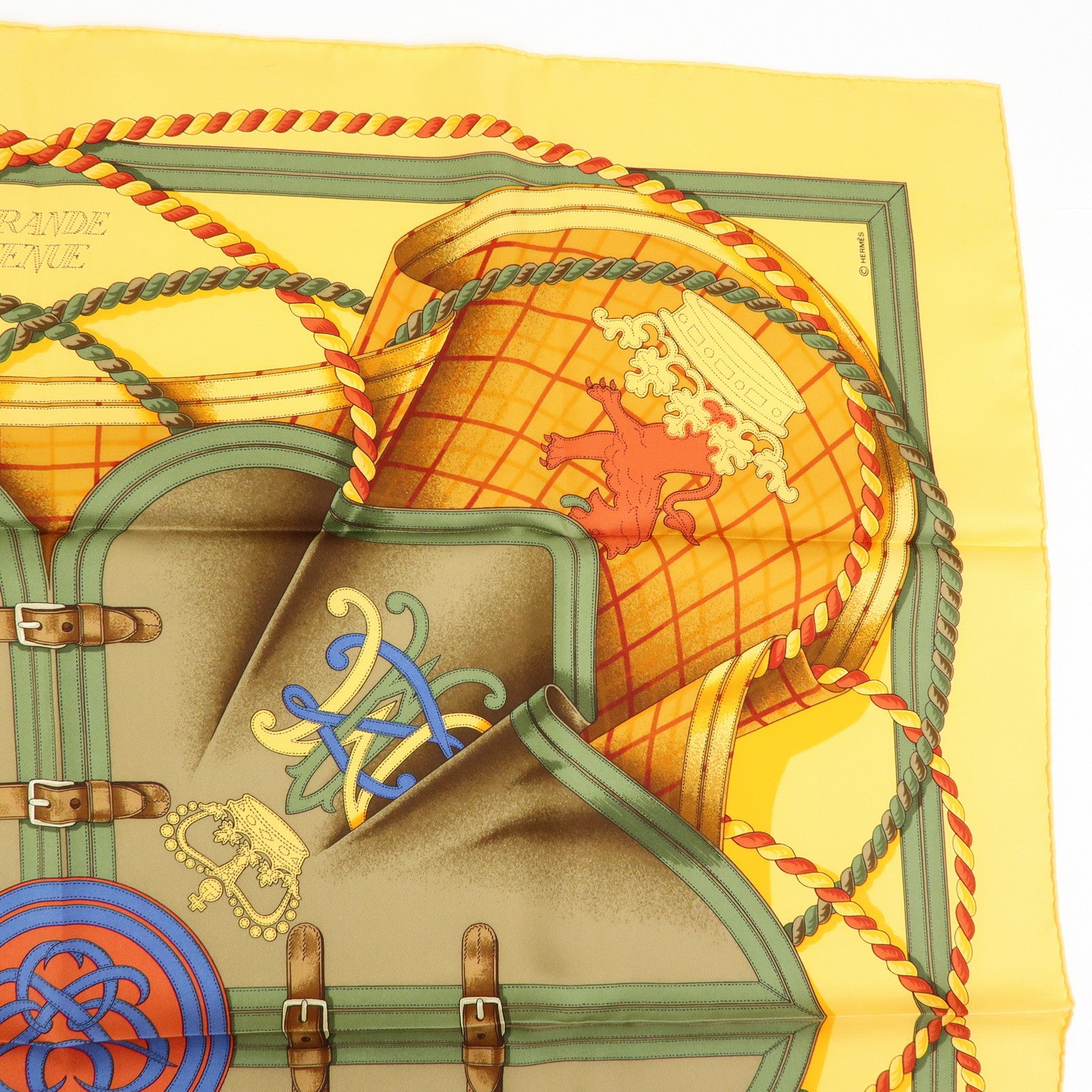 HERMES Carre 90 Silk 100% Scarf GRANDE TENUE Yellow Brown Green