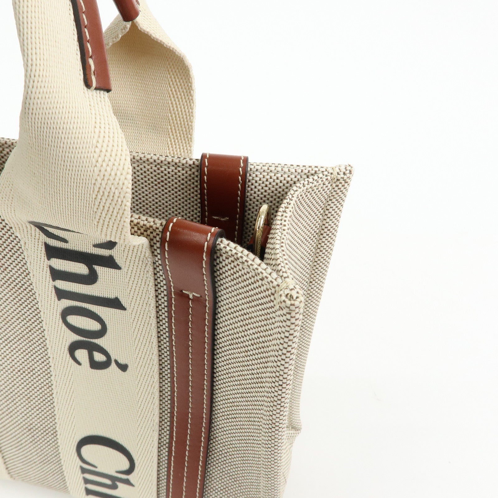 Chloe Woody Canvas Leather 2Way Bag Shoulder Bag Natural Brown