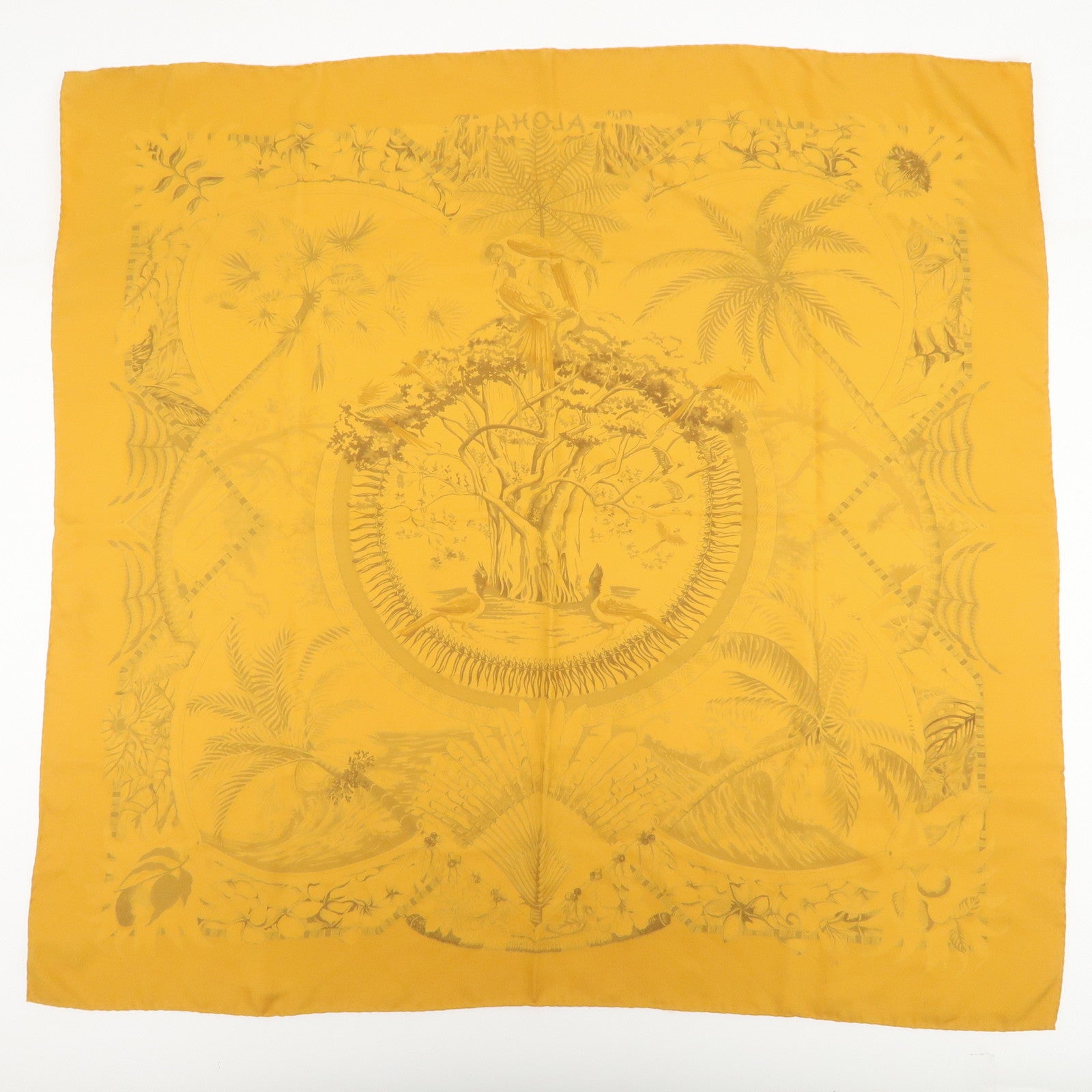 HERMES Carre 90 Silk 100% Aloha Hawaiian Print Scarf Orange