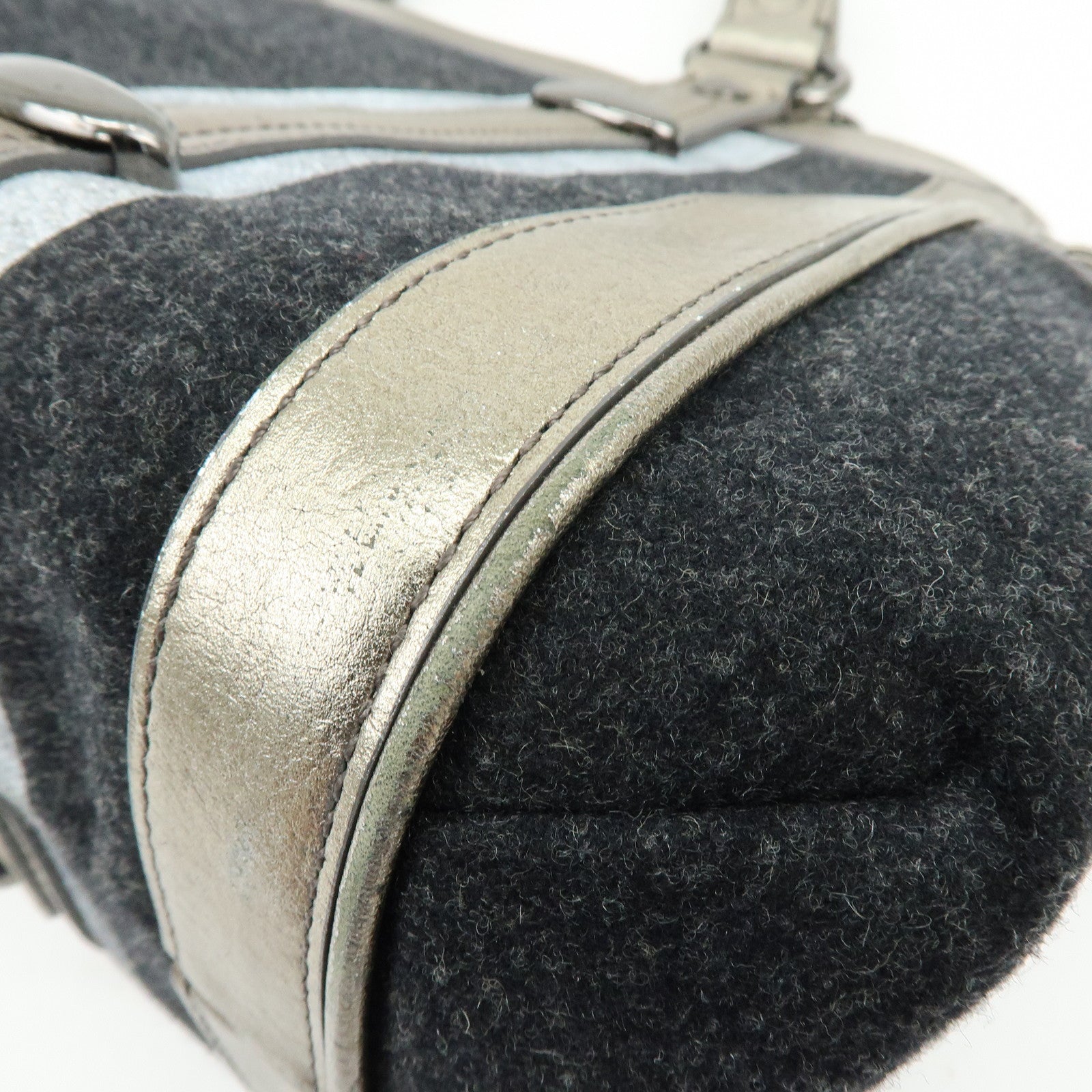 BURBERRY Blue Label Wool Leather Tote Bag Shoulder Bag Black Gold