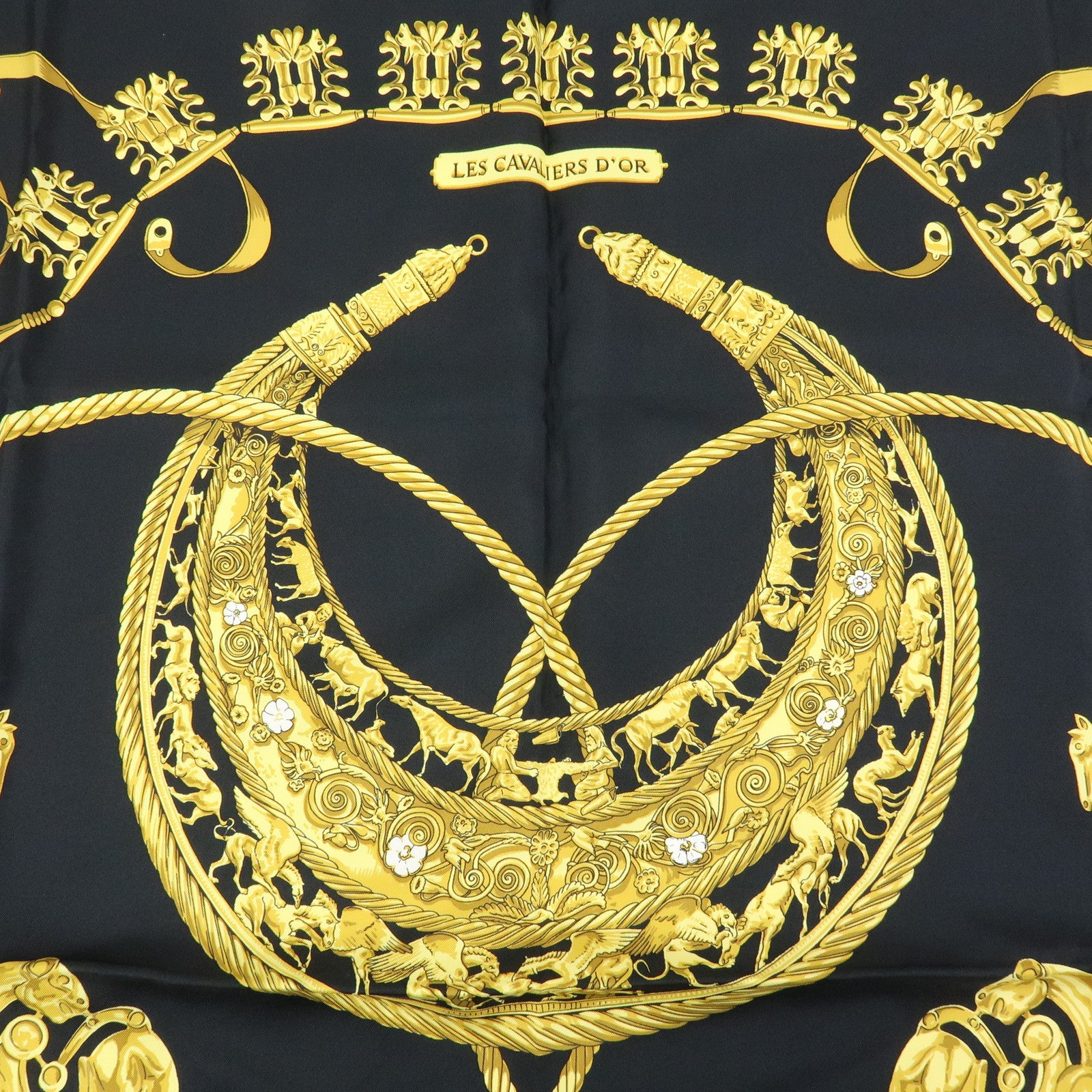HERMES Carre 90 Silk 100% Scarf LES CAVALIERS D'OR Black Gold