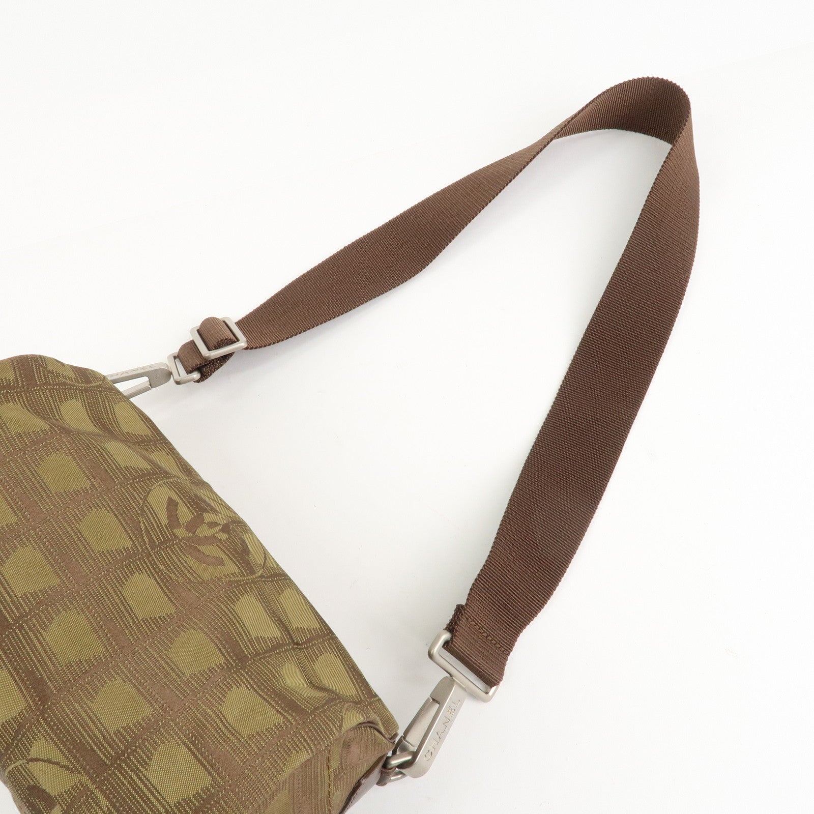 CHANEL New Travel Line Nylon Jacquard Shoulder Bag Khaki Used