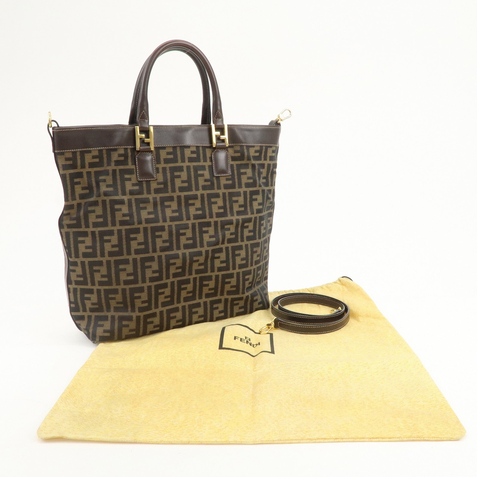 FENDI Zucca Canvas Leather 2Way Bag Hand Bag Shoulder Bag Brown