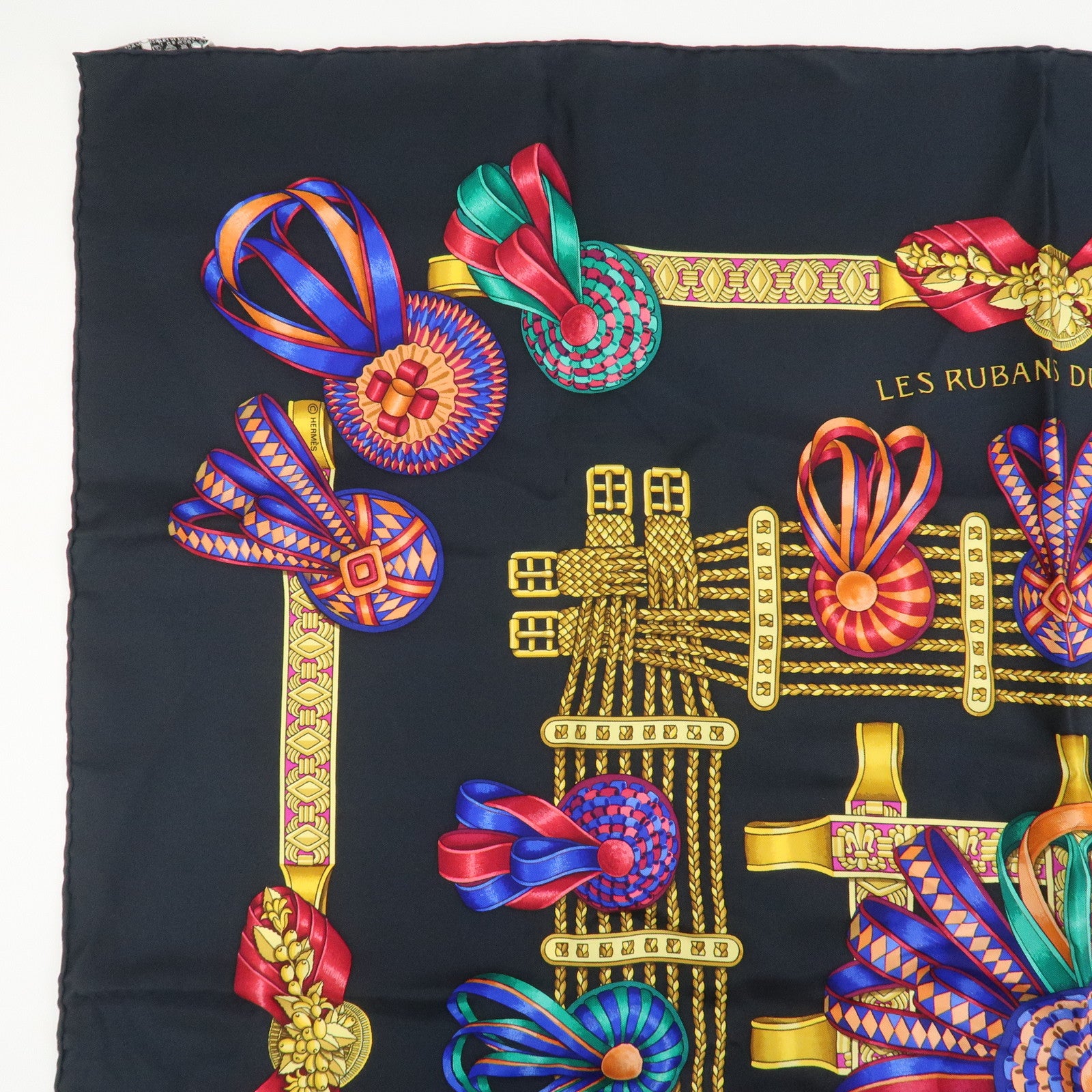 Hermes Carre 90 Silk 100% Scarf LES RUBANS DU CHEVAL Black