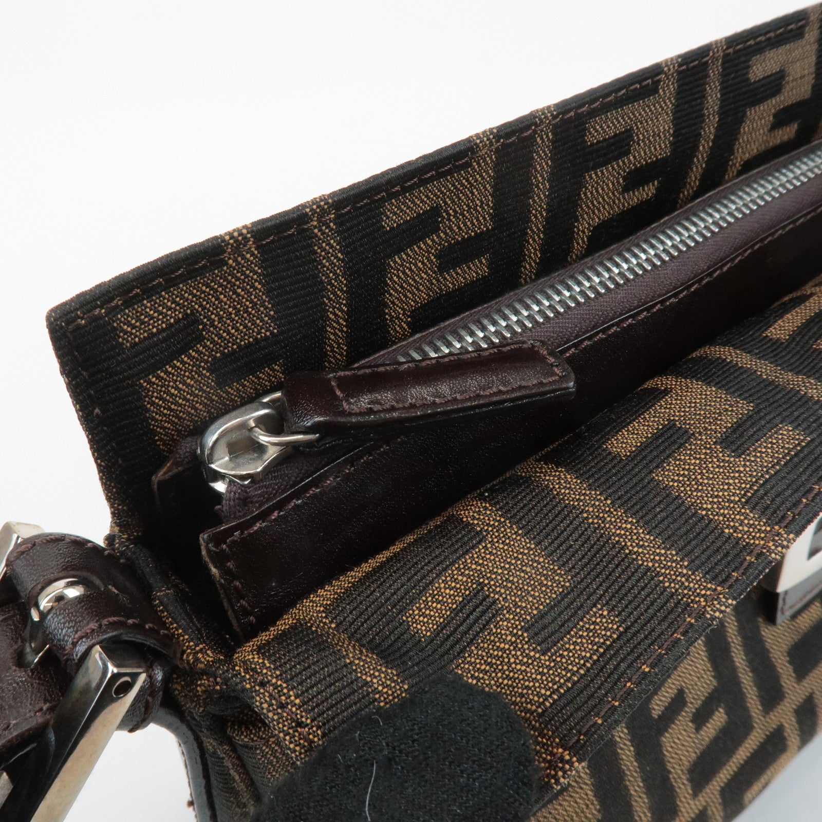 FENDI Zucca Canvas Leather Semi Shoulder Bag Black Brown 26566
