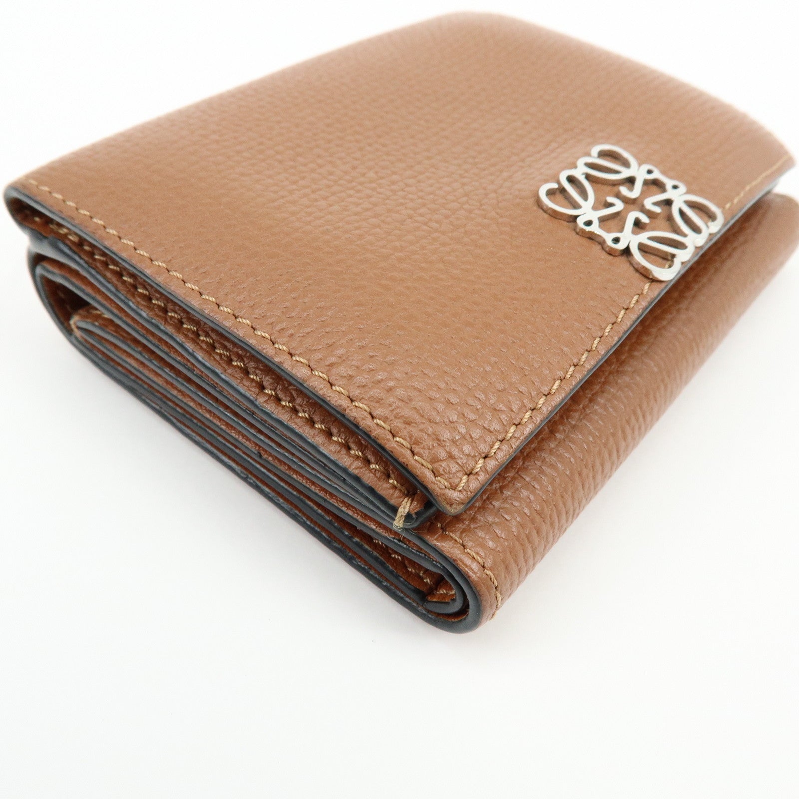 LOEWE Anagram Pebble Grained Calf Compact Tri-fold Wallet Camel