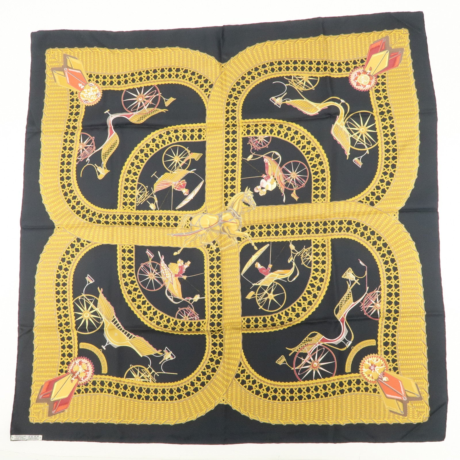 HERMES Carre 90 Silk 100% Scarf GRAND APPARAT Black Gold Used
