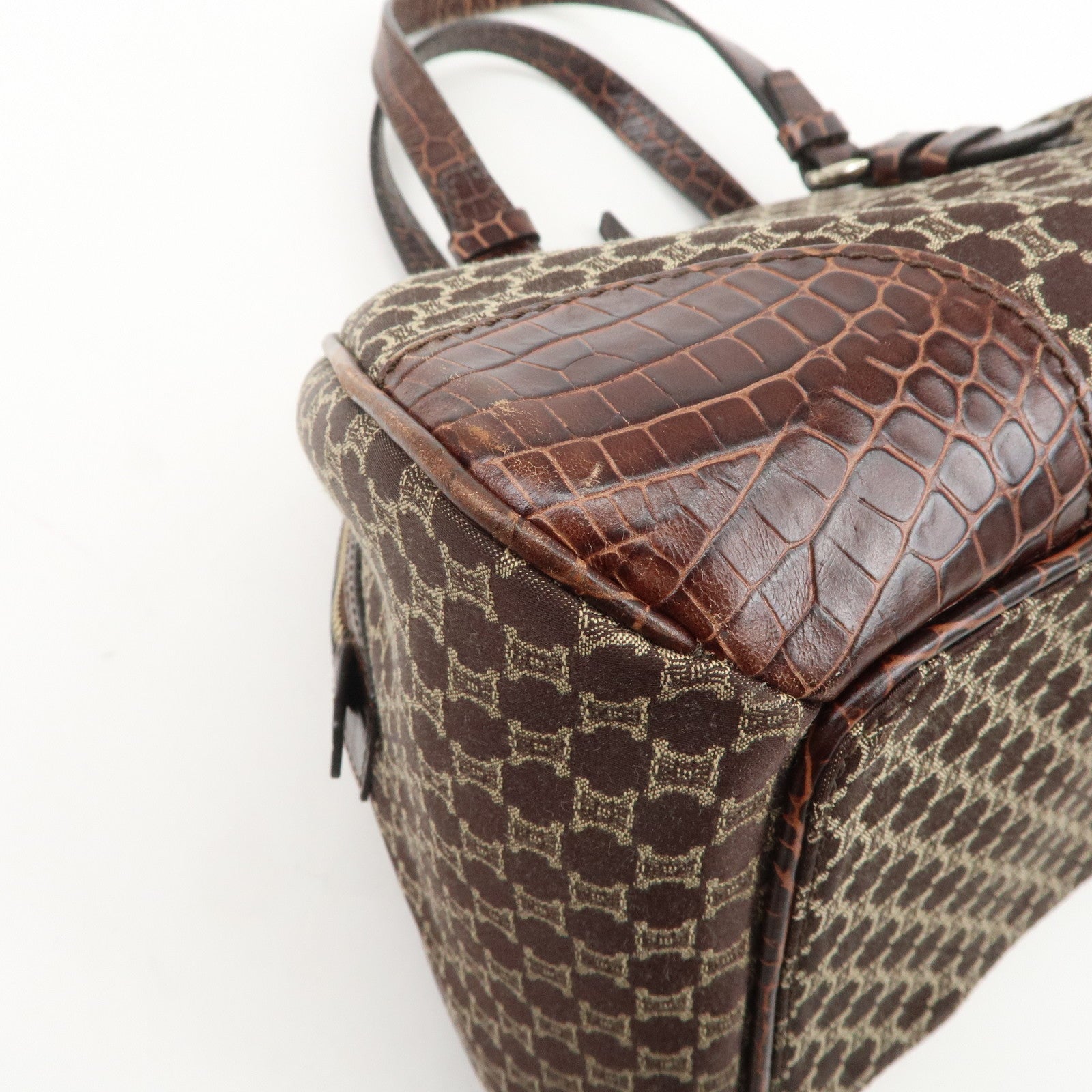 CELINE Macadam Canvas Embossed Leather Hand Bag Shoulder Bag Brown