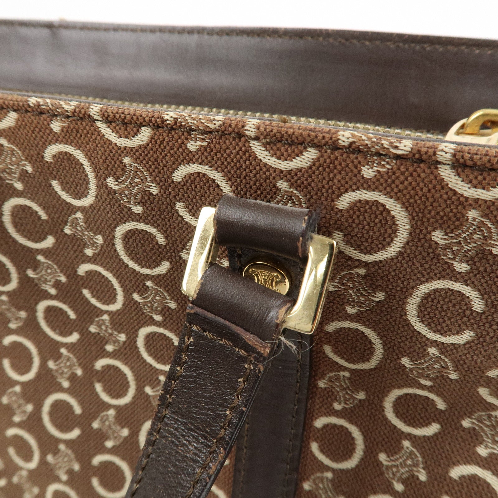 CELINE C Macadam Canvas Leather Hand Bag Brown Beige
