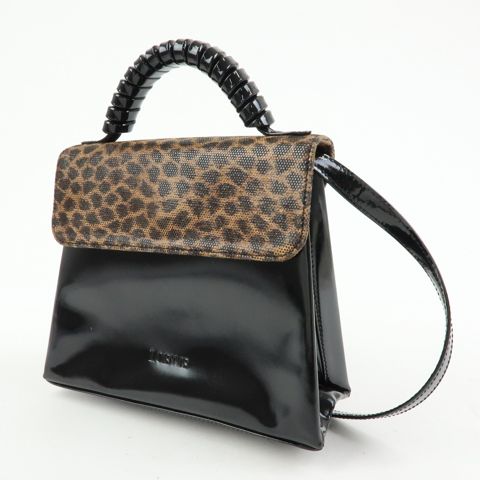LOEWE Velazquez Patent Leather 2Way Hand Shoulder Bag Leopard Black
