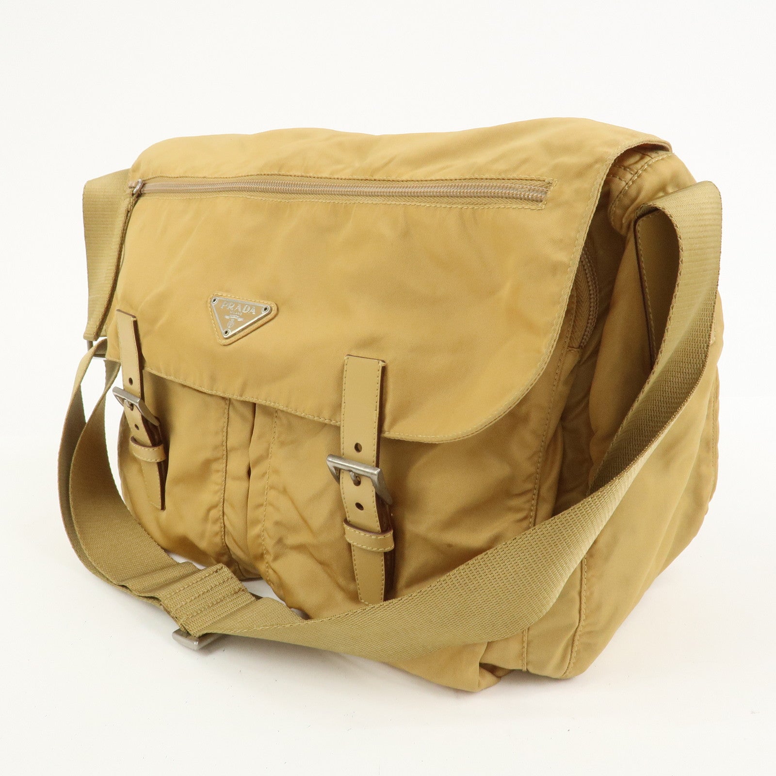 PRADA Triangle Logo Nylon Leather Shoulder Bag Crossbody Bag Beige