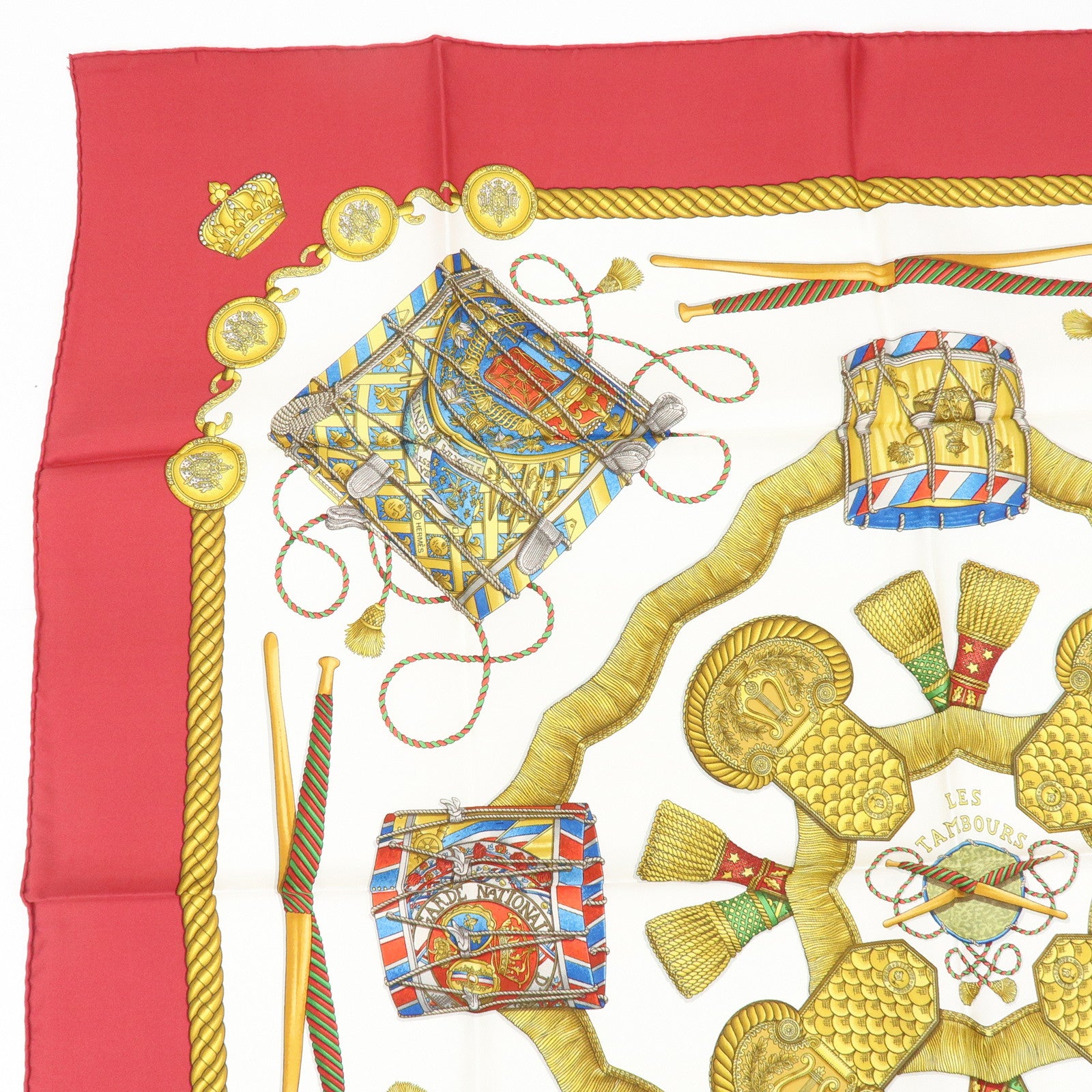 HERMES Carre 90 Silk 100% Scarf  LES TAMBOURS Red Gold