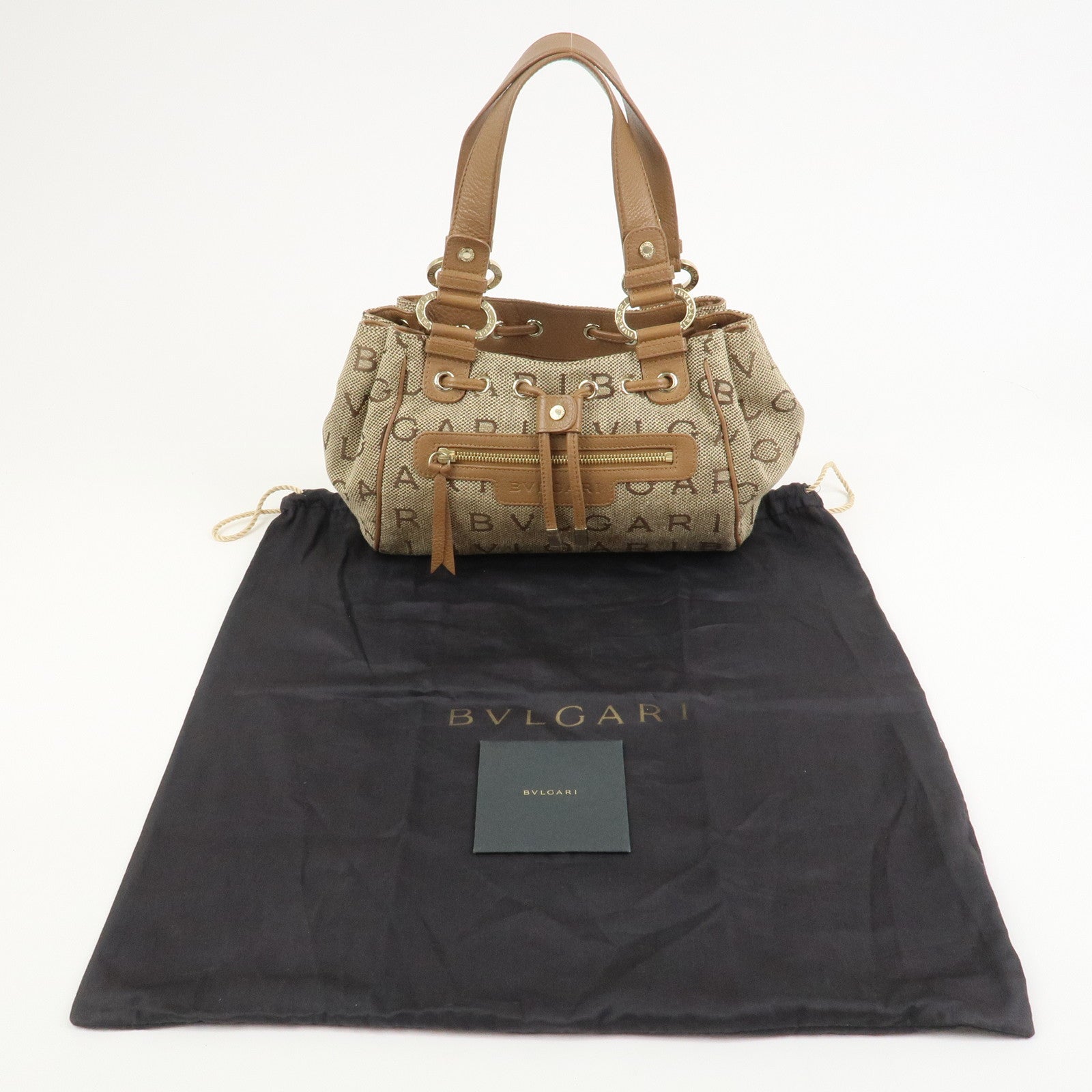 BVLGARI Logo Mania Jacquard Leather Hand Bag Tote Bag Beige