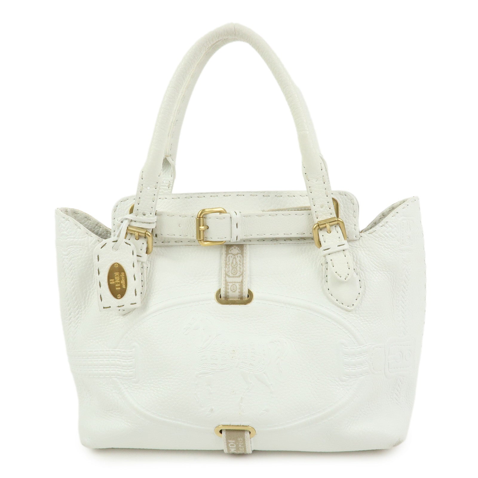FENDI Selleria Villa Borghese Leather Hand Tote Bag White 8BN155