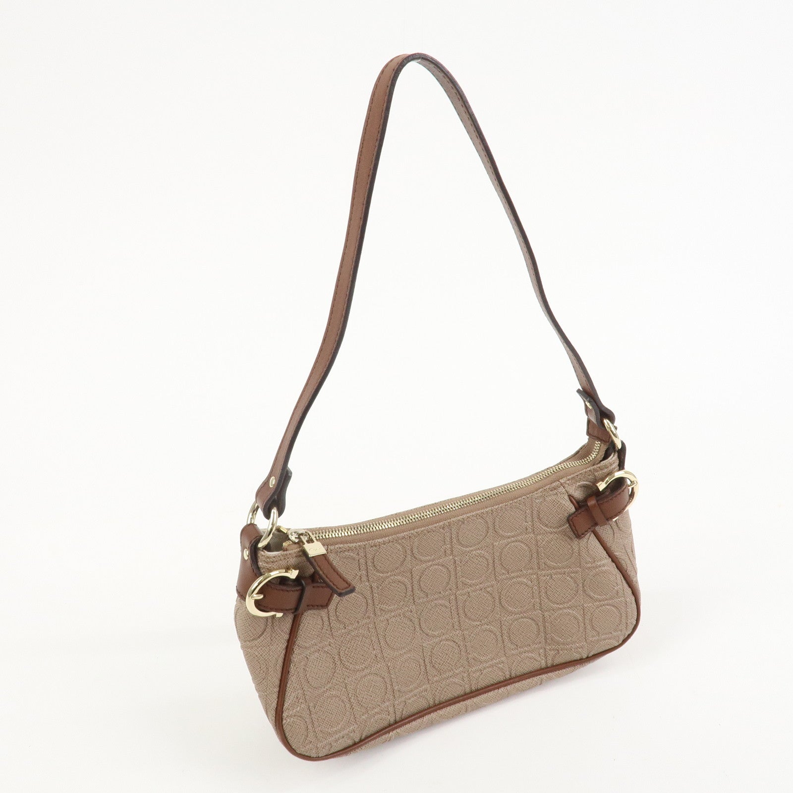 Ferragamo Gancini PVC Canvas Leather Shoulder Bag Hand Bag Brown