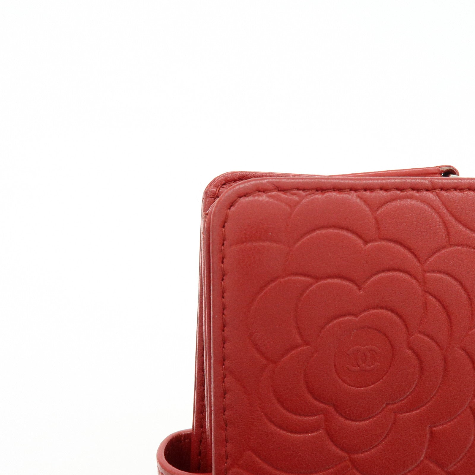 CHANEL Camellia COCO Mark Lamb Skin Bi-fold Compact Wallet Red
