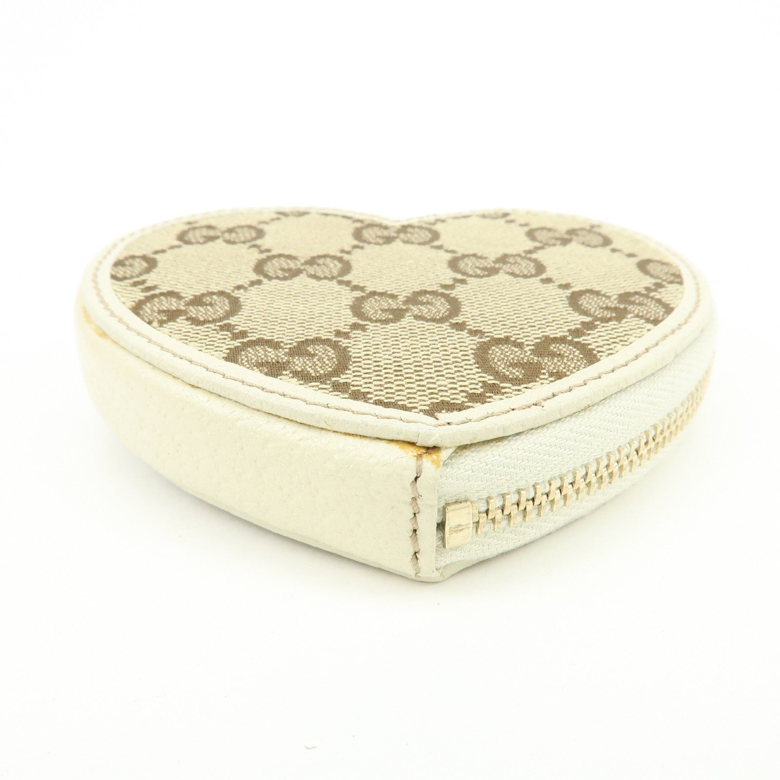 GUCCI Lovely Heart GG Canvas Leather Coin Case Brown Ivory 152615