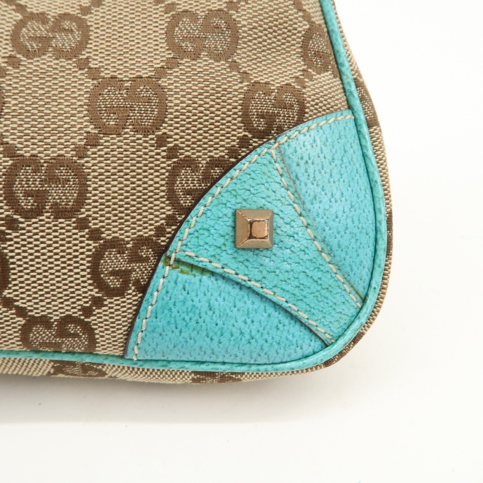 GUCCI GG Canvas Leather Chain Shoulder Bag Beige Turquoise Blue 120940 Used