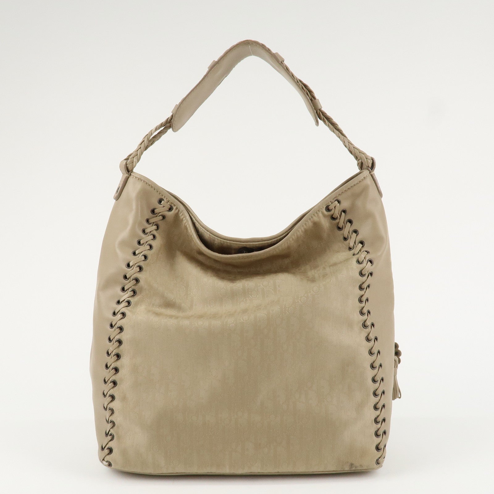 Christian Dior Trotter Canvas Leather Shoulder Bag Heart Charm Beige Used