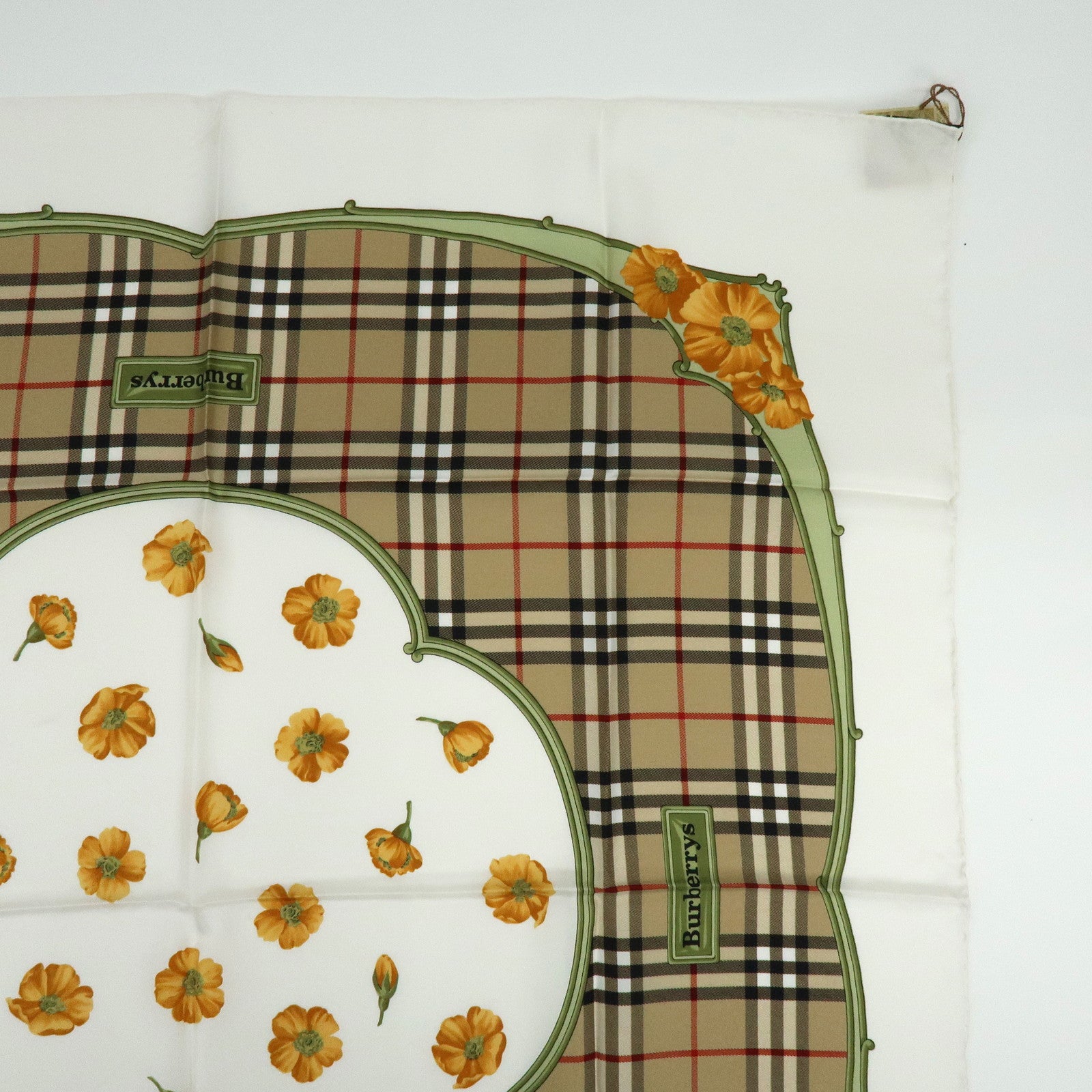 BURBERRY Nova Plaid Flower Motif Silk 100% Scarf Beige White Orange