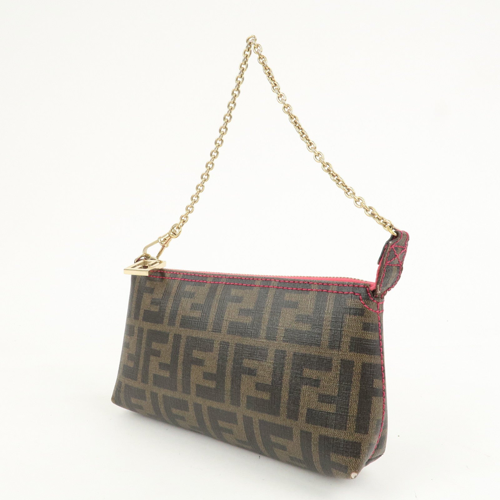 FENDI Zucca PVC Chain Accessory Pouch Hand Bag Brown 8BR592