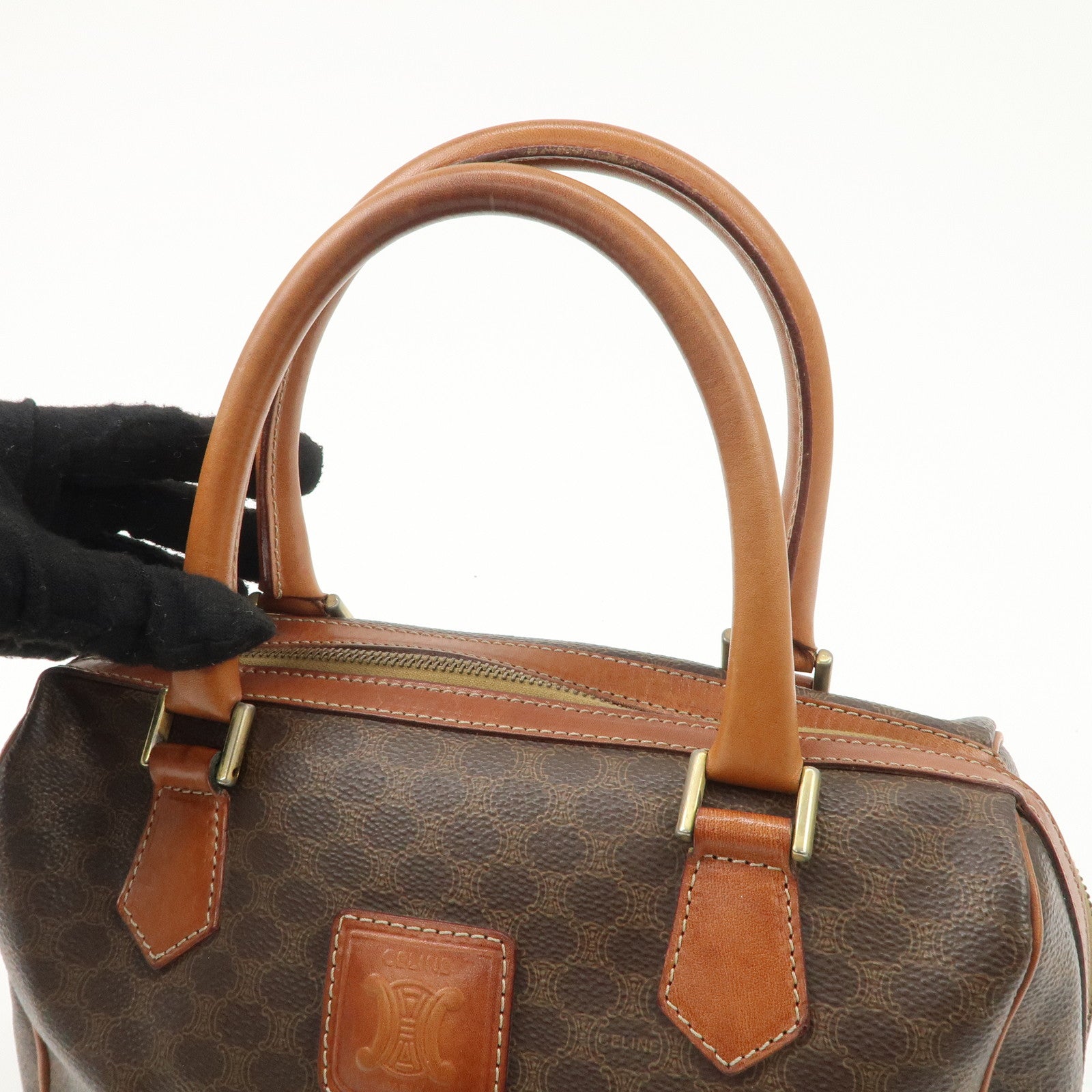 CELINE Macadam Leather PVC Boston Bag Hand Bag Brown Used